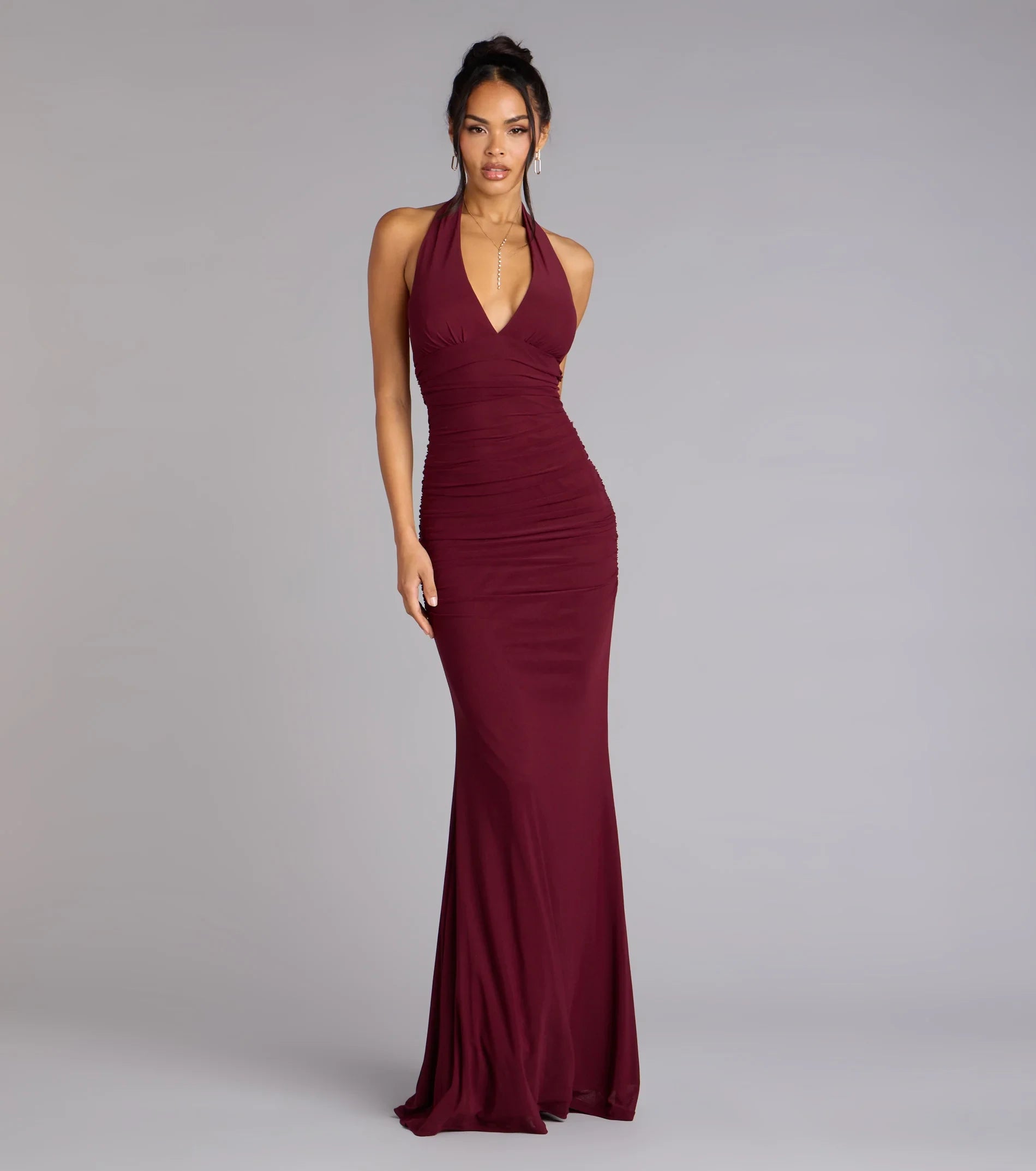 Glamorous Mermaid Halter Sleeveless Backless Ruched Burgundy Floor-Length Prom Dress