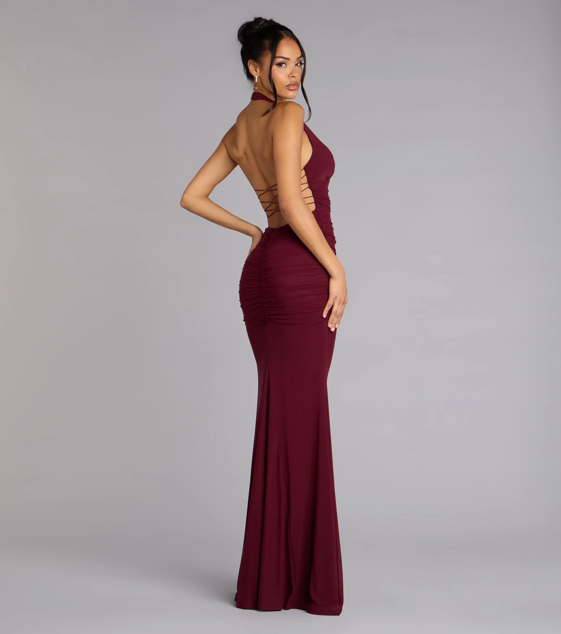 Glamorous Mermaid Halter Sleeveless Backless Ruched Burgundy Floor-Length Prom Dress
