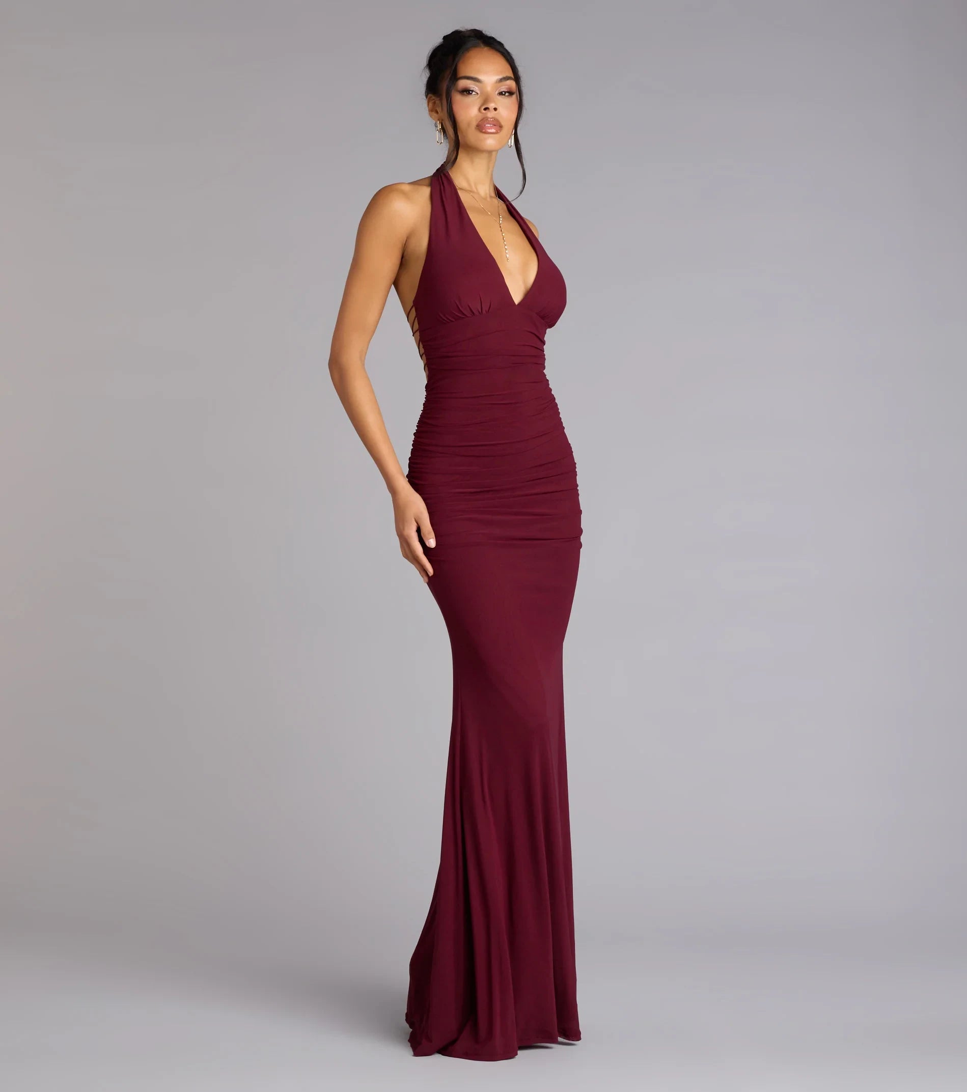 Glamorous Mermaid Halter Sleeveless Backless Ruched Burgundy Floor-Length Prom Dress