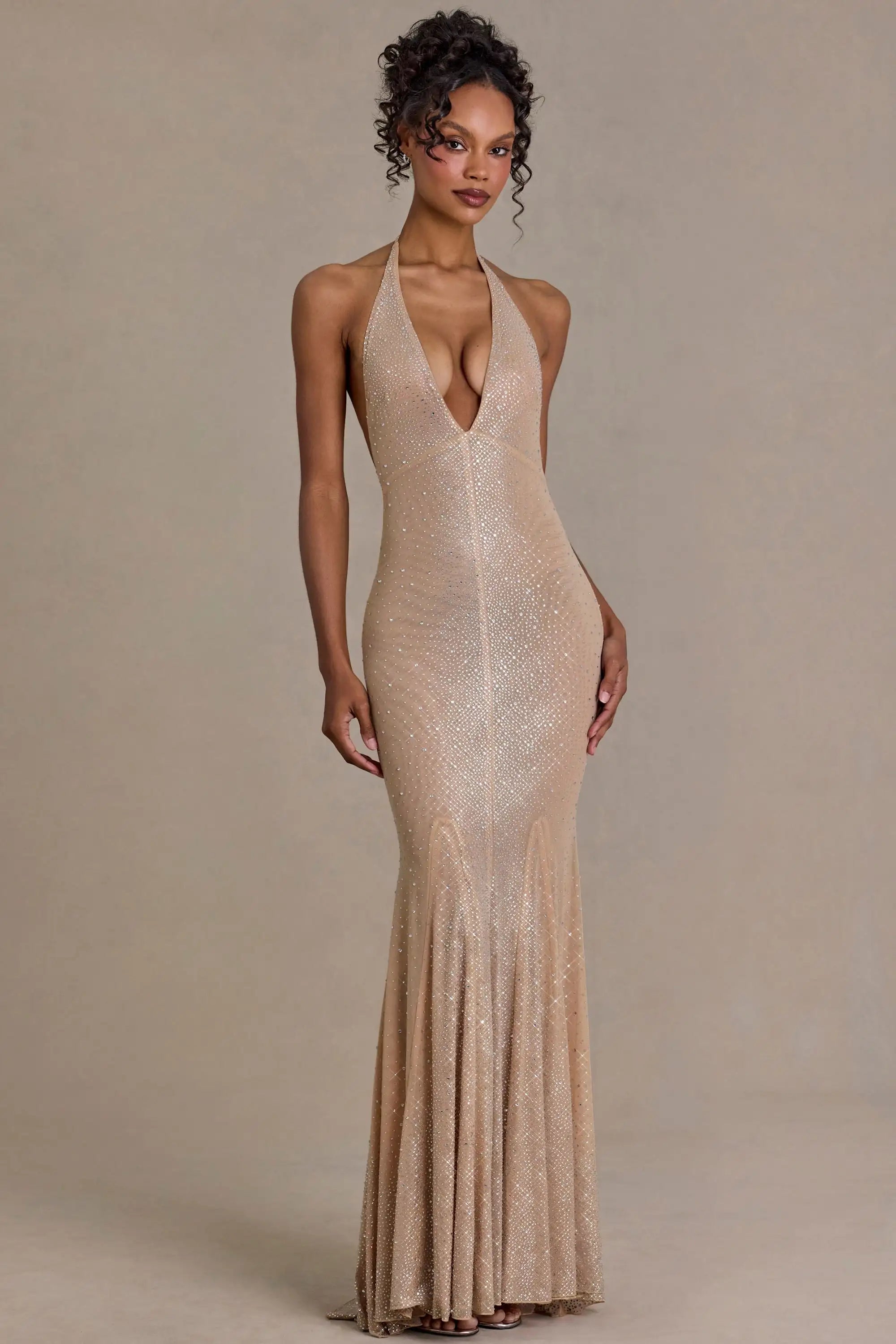 Glamorous Mermaid Halter Sleeveless Backless Sequin Nude Gold Long Prom Dresses Women Gown