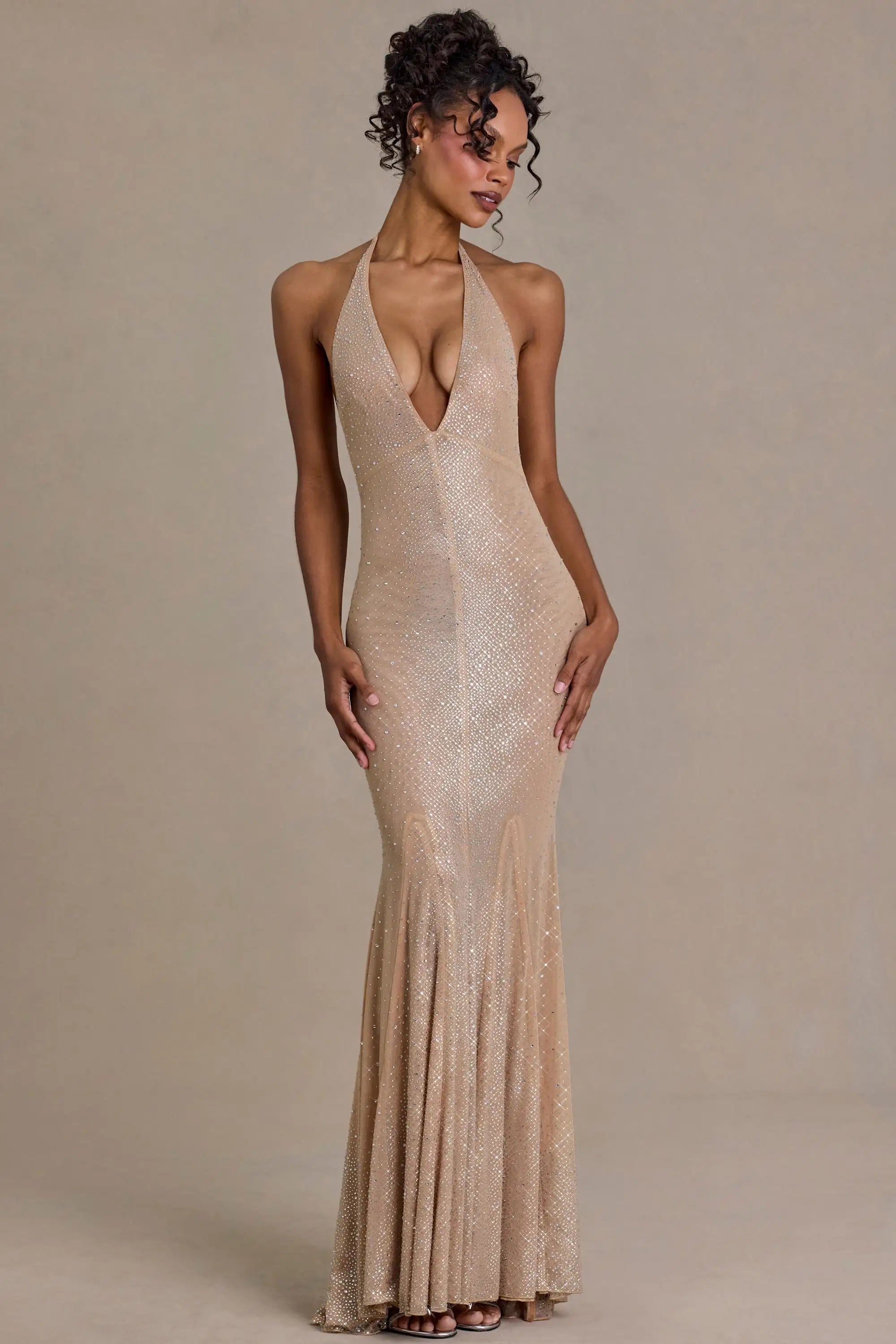 Glamorous Mermaid Halter Sleeveless Backless Sequin Nude Gold Long Prom Dresses Women Gown