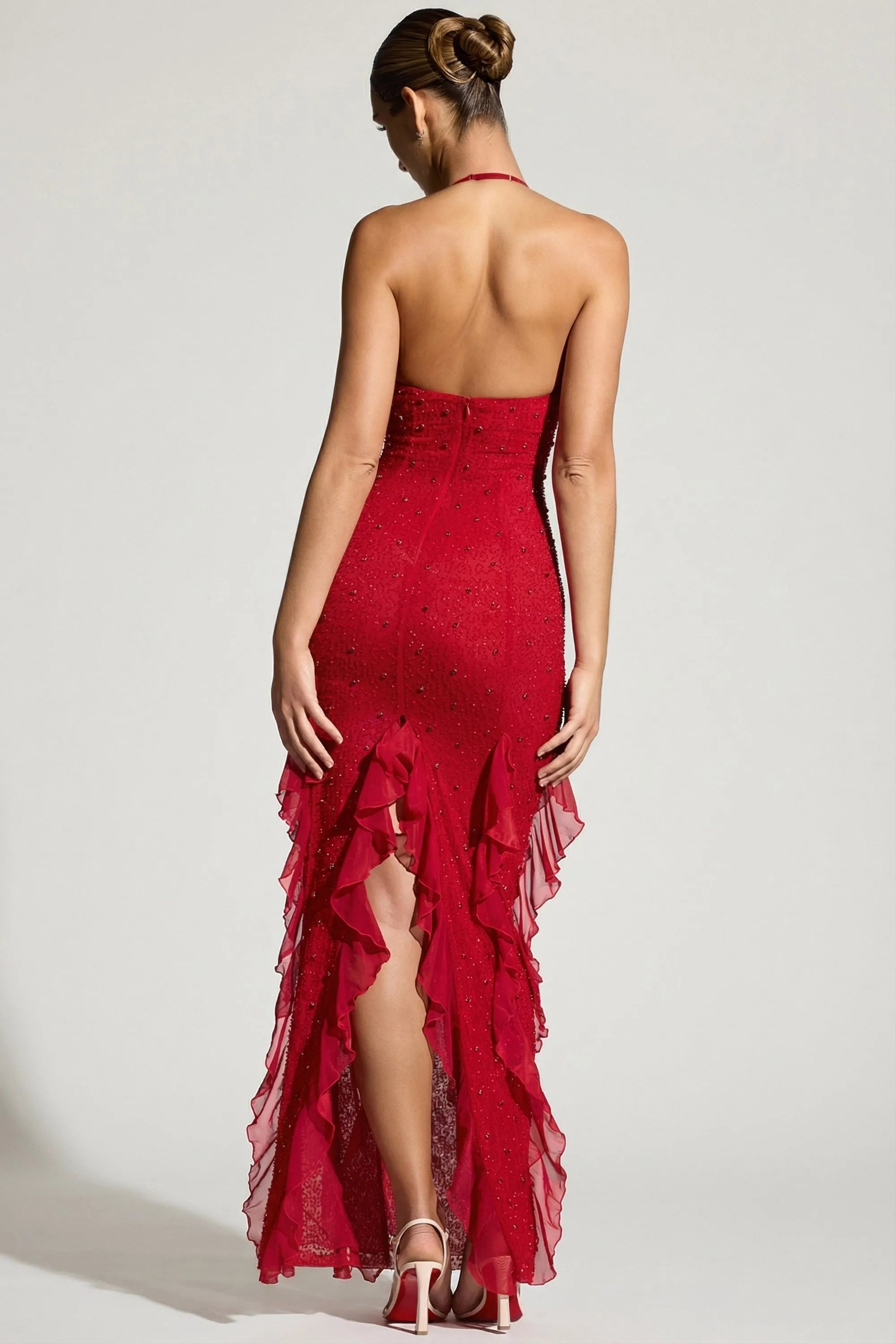 Glamorous Mermaid Halter Sleeveless Beaded Ruffled Red Floor-Length Prom Dresses Gown