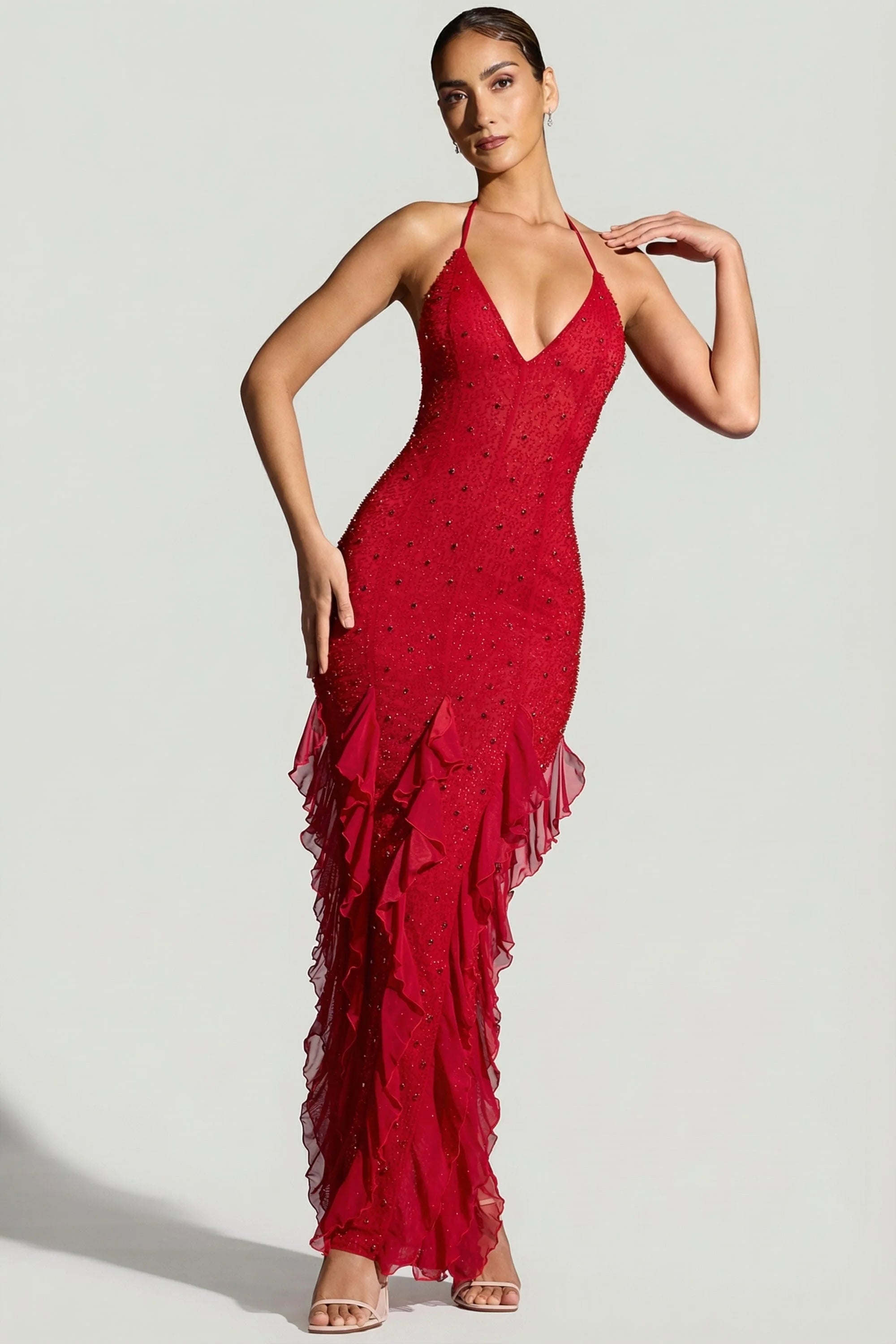 Glamorous Mermaid Halter Sleeveless Beaded Ruffled Red Floor-Length Prom Dresses Gown