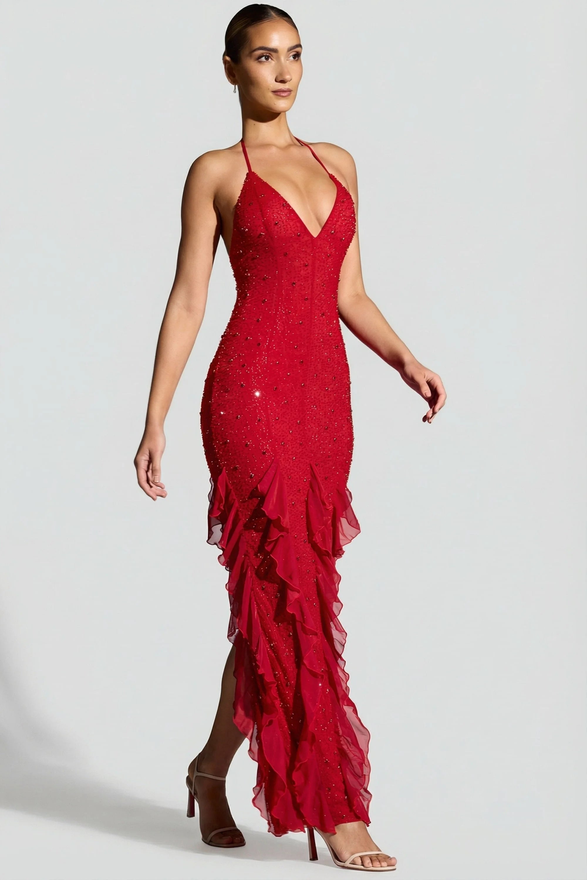Glamorous Mermaid Halter Sleeveless Beaded Ruffled Red Floor-Length Prom Dresses Gown