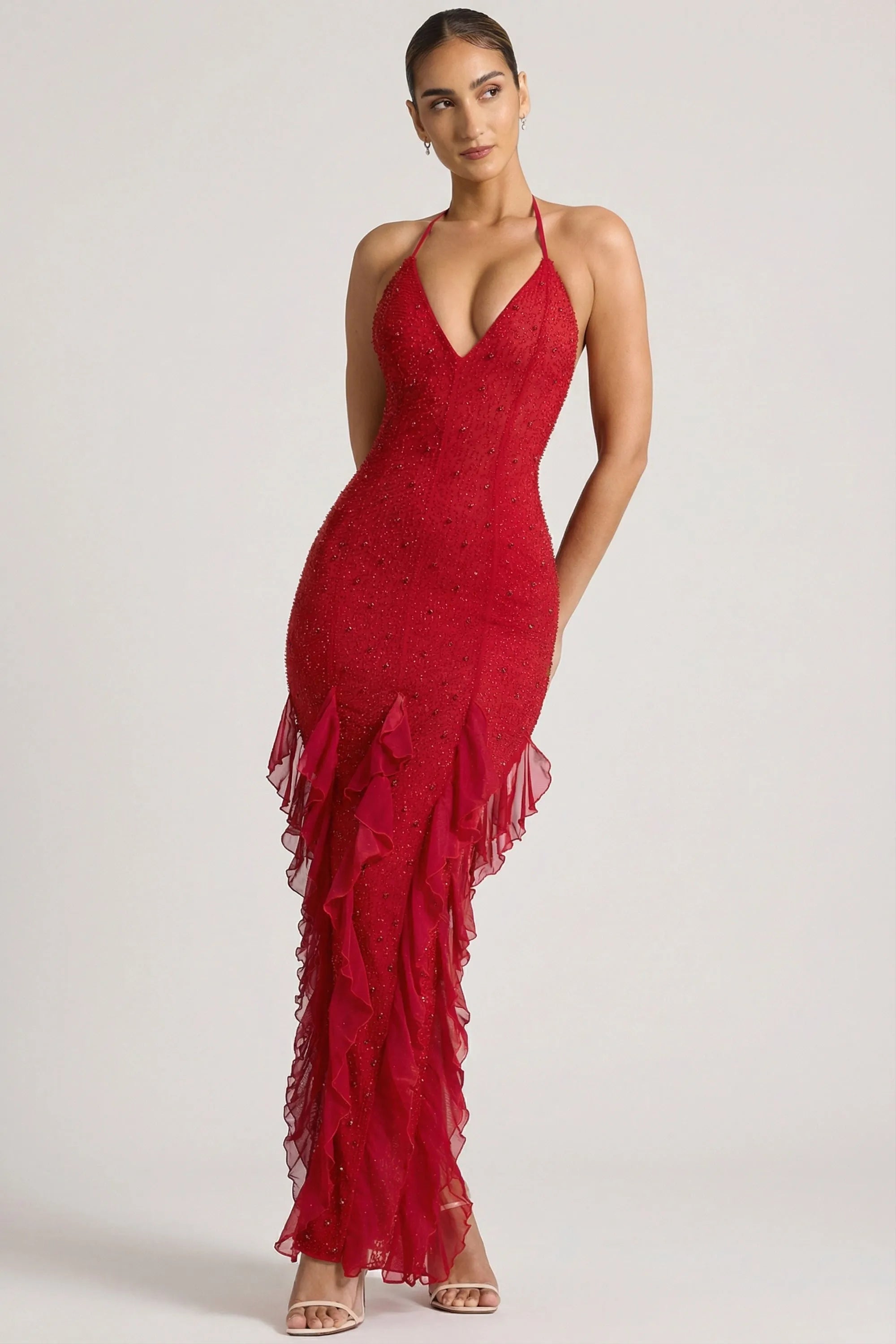 Glamorous Mermaid Halter Sleeveless Beaded Ruffled Red Floor-Length Prom Dresses Gown