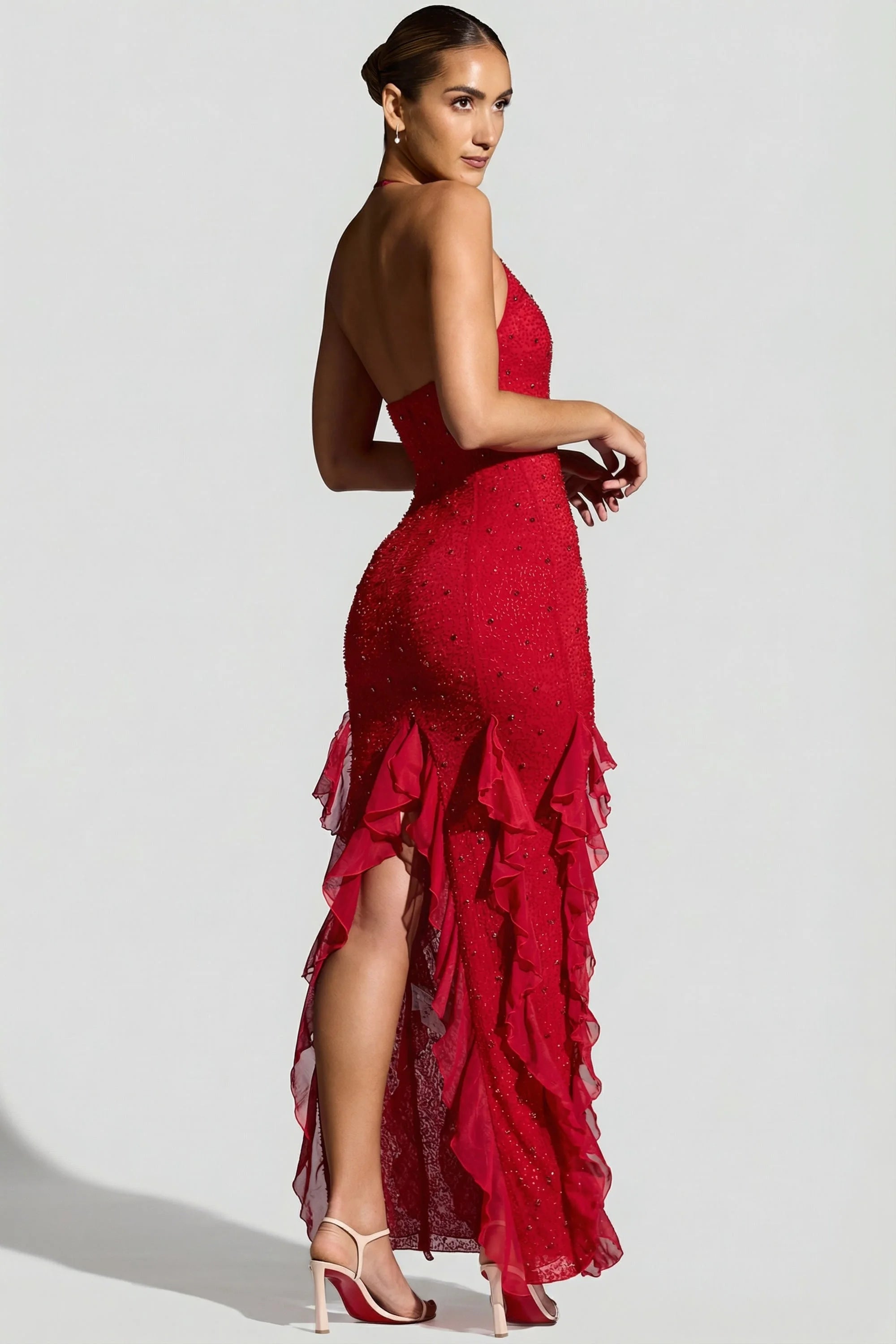 Glamorous Mermaid Halter Sleeveless Beaded Ruffled Red Floor-Length Prom Dresses Gown