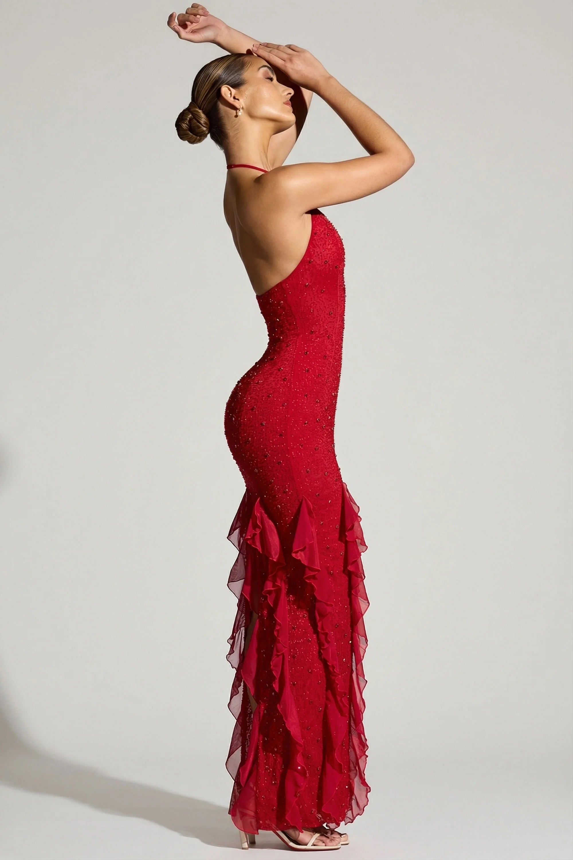 Glamorous Mermaid Halter Sleeveless Beaded Ruffled Red Floor-Length Prom Dresses Gown