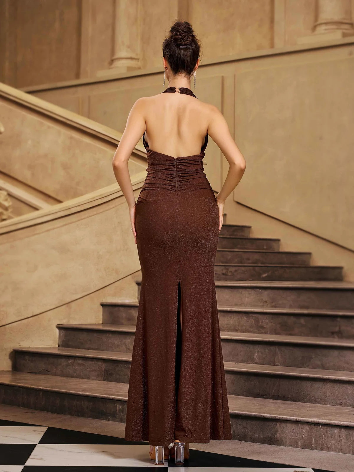 Glamorous Mermaid Halter Sleeveless Ruched Backless Brown Floor-Length Prom Dresses