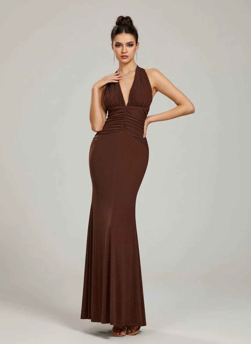 Glamorous Mermaid Halter Sleeveless Ruched Backless Brown Floor-Length Prom Dresses