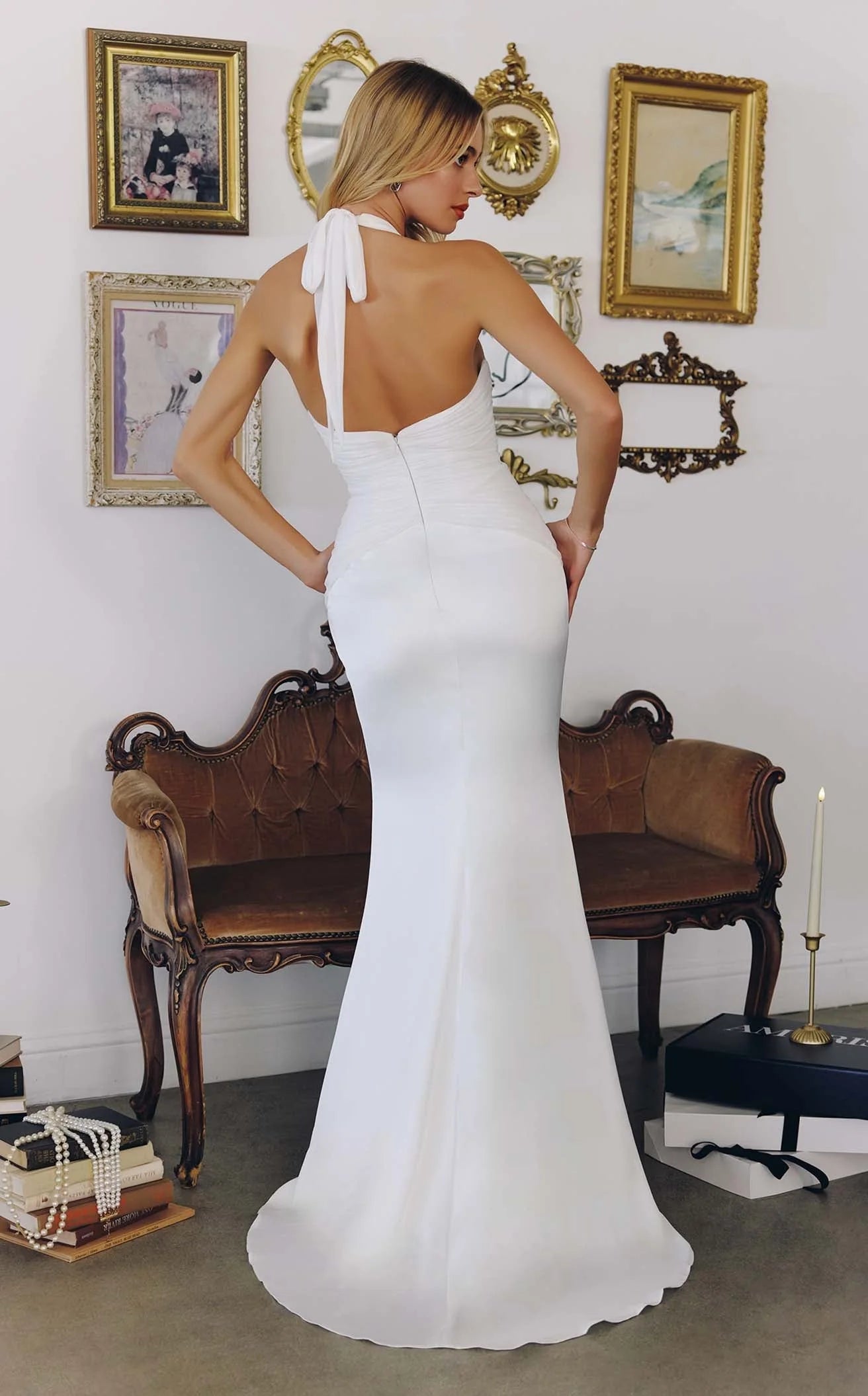 Glamorous Mermaid Halter Sleeveless Ruched White Floor-Length Prom Gown