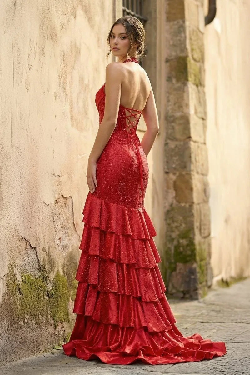 Glamorous Mermaid Halter Sleeveless Tiered Ruffle Red Long Prom Dresses Women