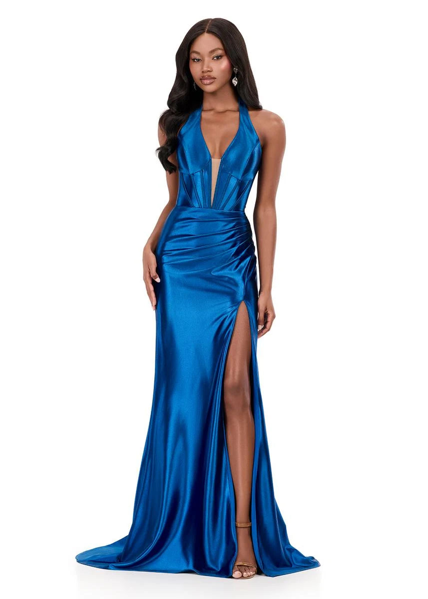 Glamorous Mermaid Halter V-Neck Sleeveless Ruched Royal Blue Floor-Length Prom Dress