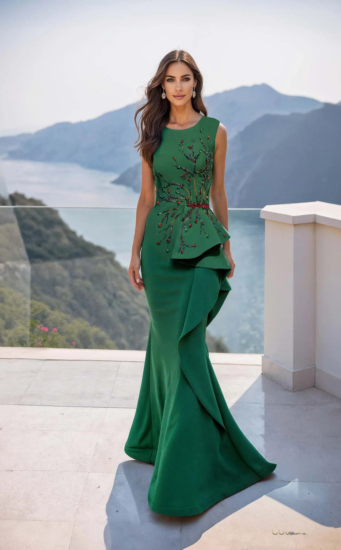 Glamorous Mermaid Jewel Neck Sleeveless Embroidered Peplum Emerald Green Floor-Length Prom Gown