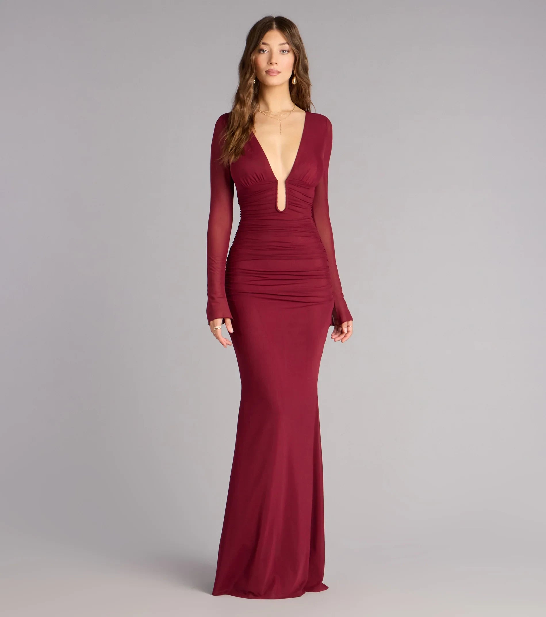 Glamorous Mermaid Long Sleeve Ruched Deep V-Neck Wine Floor-Length Prom Dress Gown