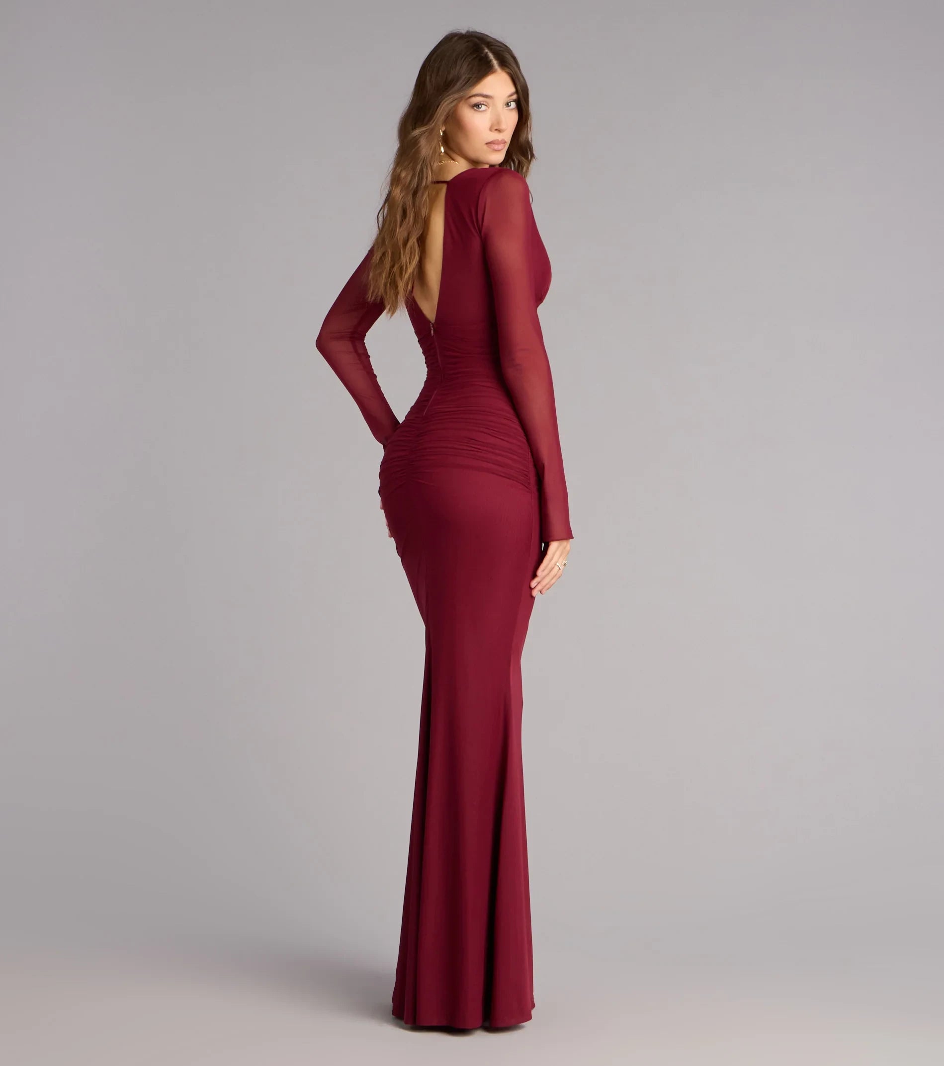 Glamorous Mermaid Long Sleeve Ruched Deep V-Neck Wine Floor-Length Prom Dress Gown