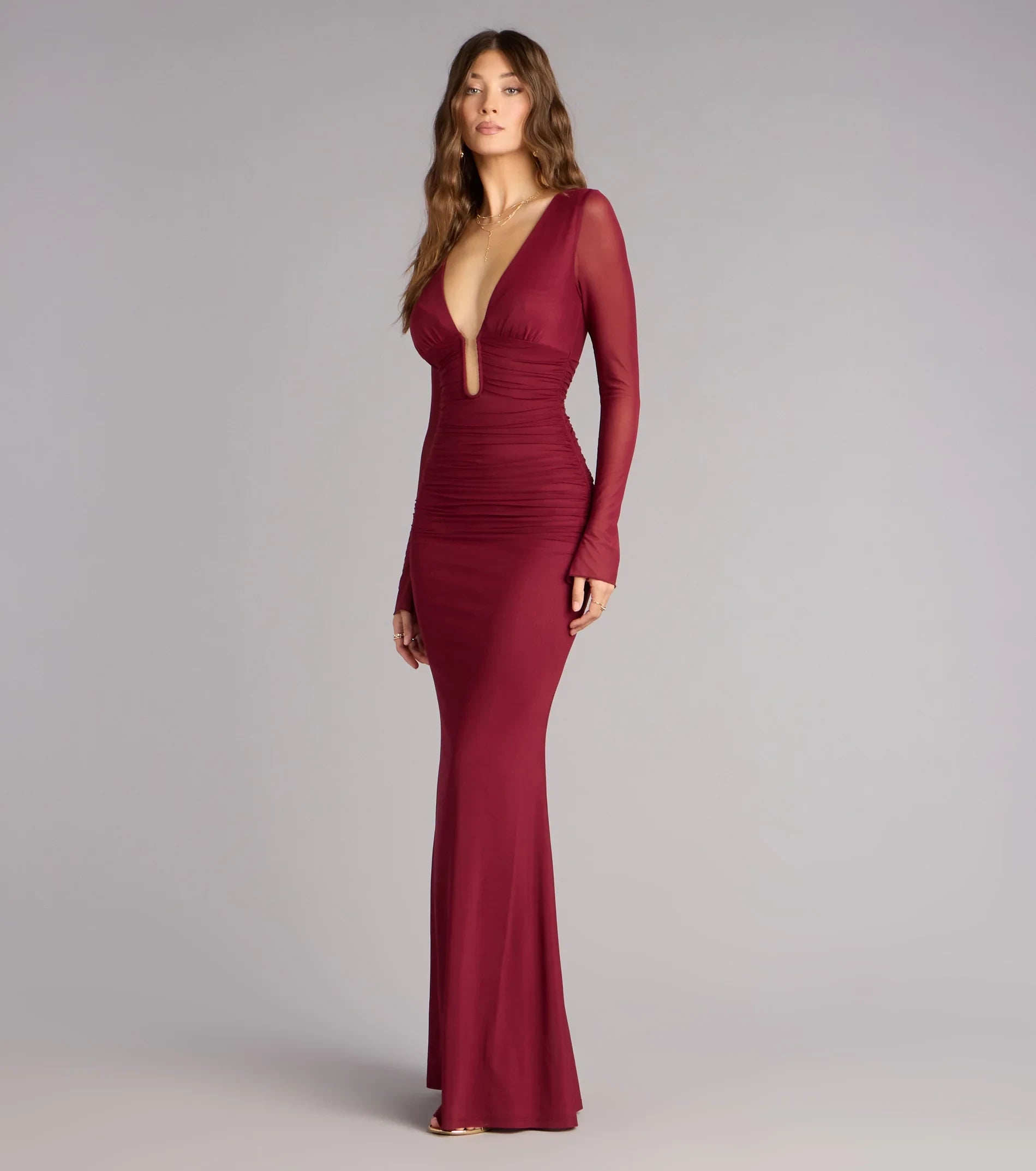 Glamorous Mermaid Long Sleeve Ruched Deep V-Neck Wine Floor-Length Prom Dress Gown