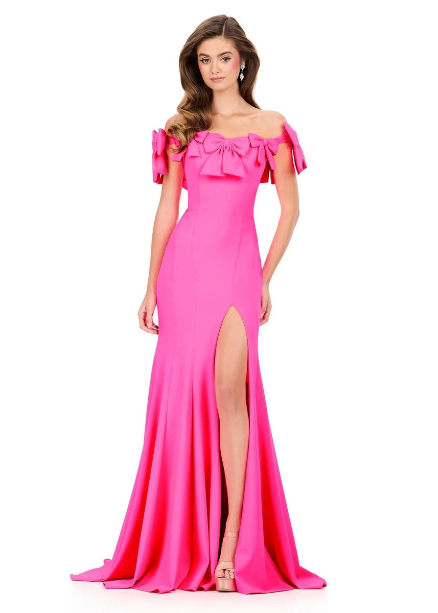 Glamorous Mermaid Off-Shoulder Bow-Accent Slit Hot Pink Floor-Length Prom Gown