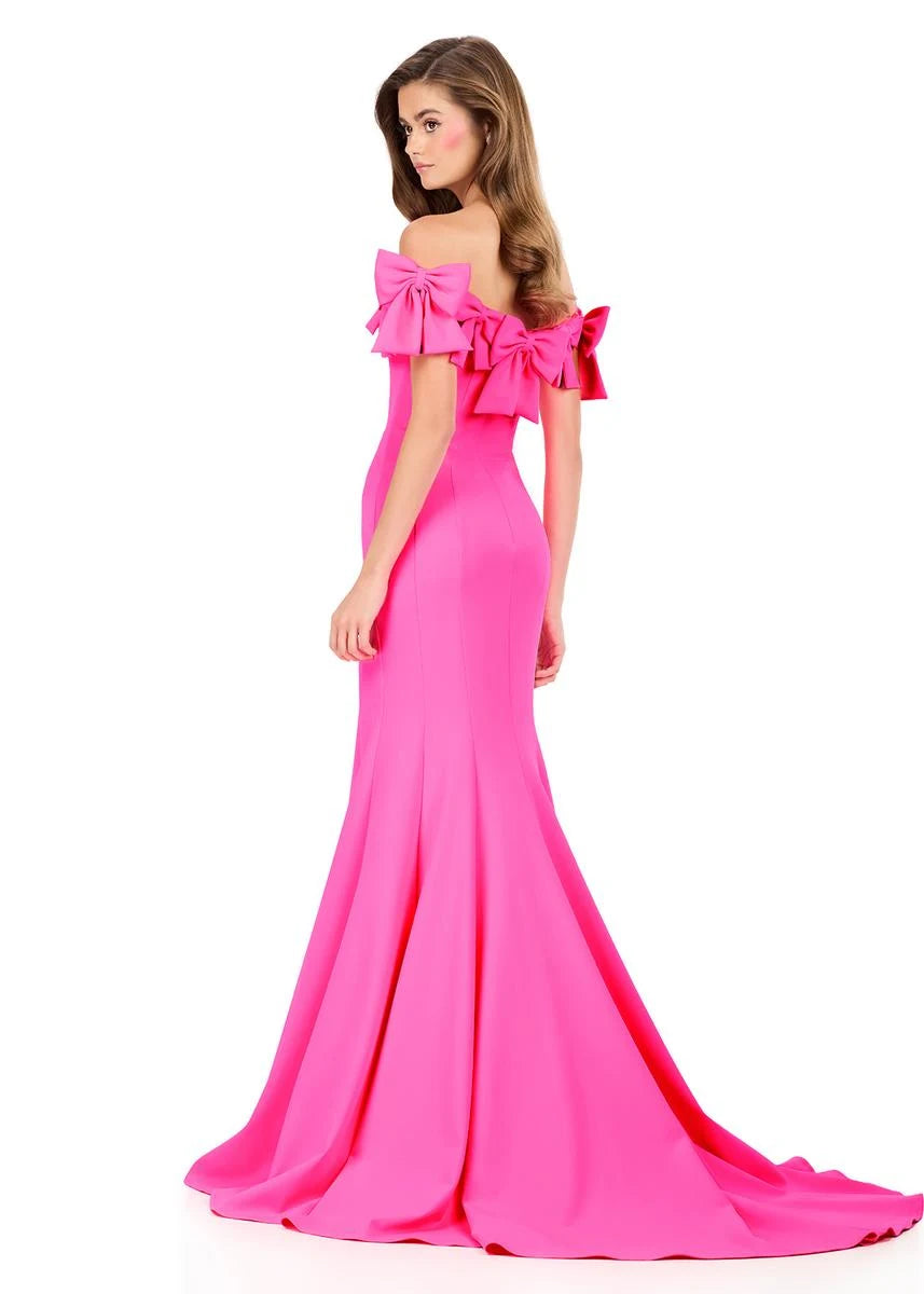 Glamorous Mermaid Off-Shoulder Bow-Accent Slit Hot Pink Floor-Length Prom Gown