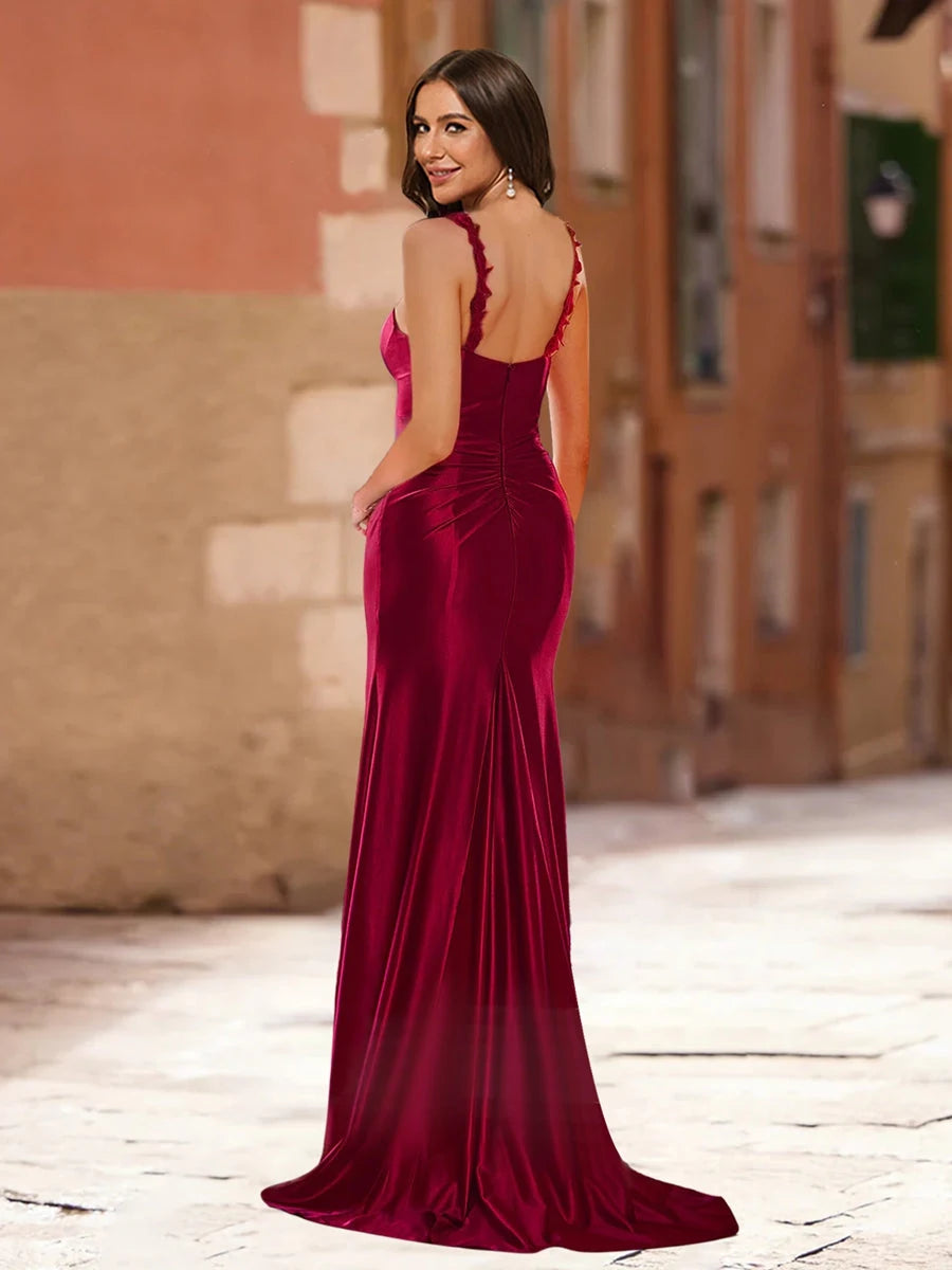 Glamorous Mermaid Off-Shoulder High Slit Deep Red Floor-Length Prom Dresses Women Gown