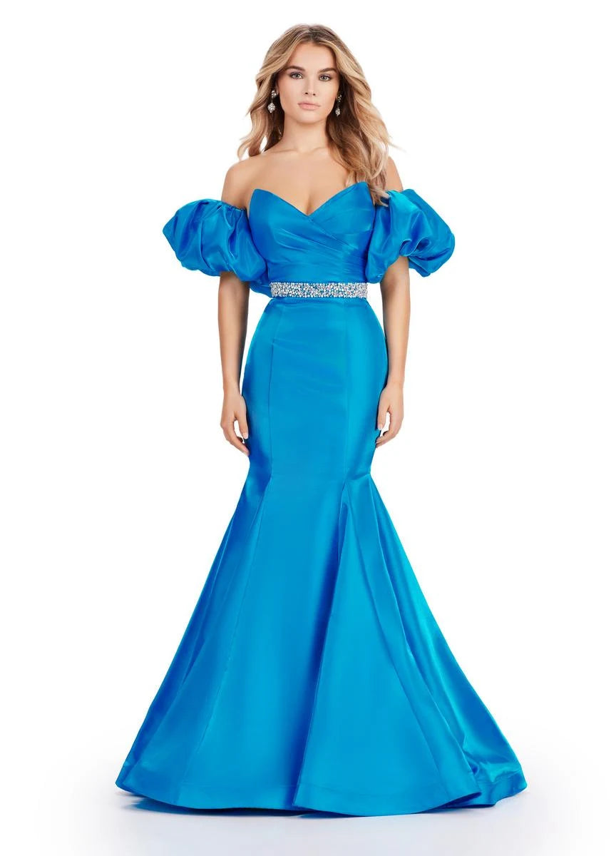 Glamorous Mermaid Off-Shoulder Puffy Sleeves Sparkling Ocean Blue Floor-Length Prom Gown
