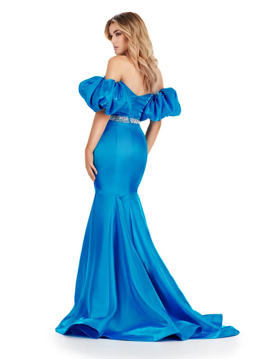 Glamorous Mermaid Off-Shoulder Puffy Sleeves Sparkling Ocean Blue Floor-Length Prom Gown