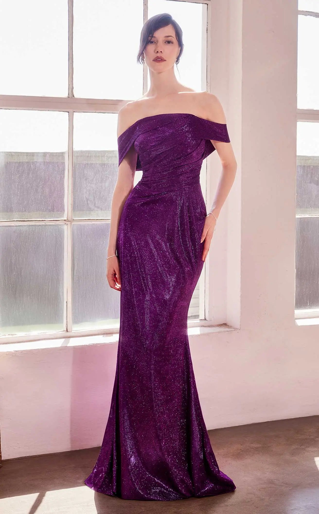 Glamorous Mermaid Off-Shoulder Ruched Glittering Purple Floor-Length Prom Dresses Women's Gown