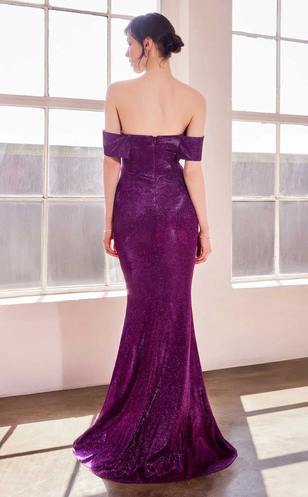 Glamorous Mermaid Off-Shoulder Ruched Glittering Purple Floor-Length Prom Dresses Women's Gown