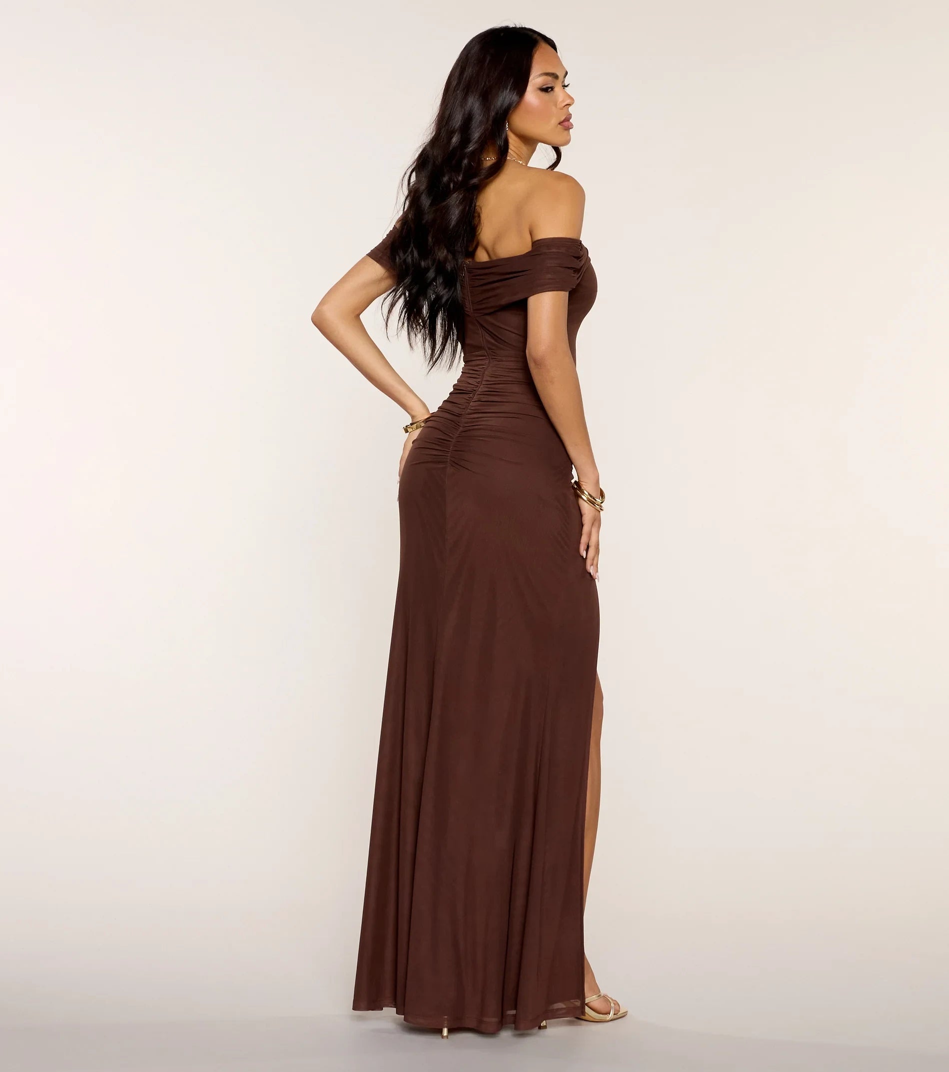 Glamorous Mermaid Off-Shoulder Ruched Slit Chocolate Brown Floor-Length Prom Dress Women's Gown
