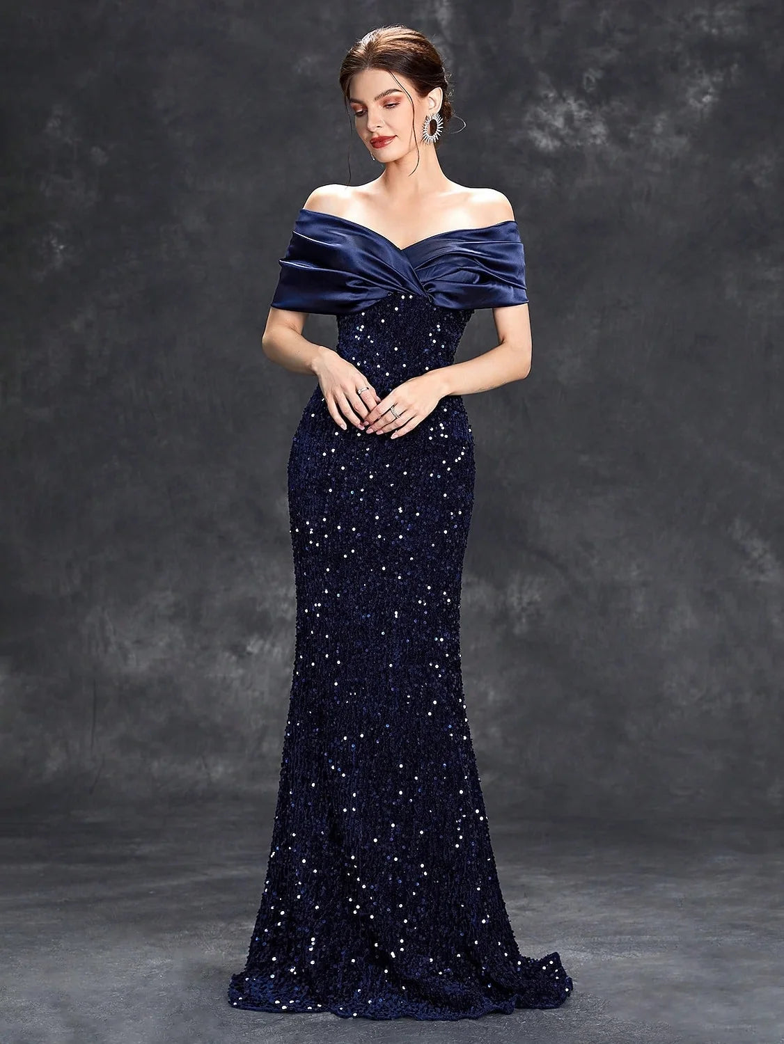 Glamorous Mermaid Off-Shoulder Sequin Draped Navy Blue Floor-Length Prom Dress Gown