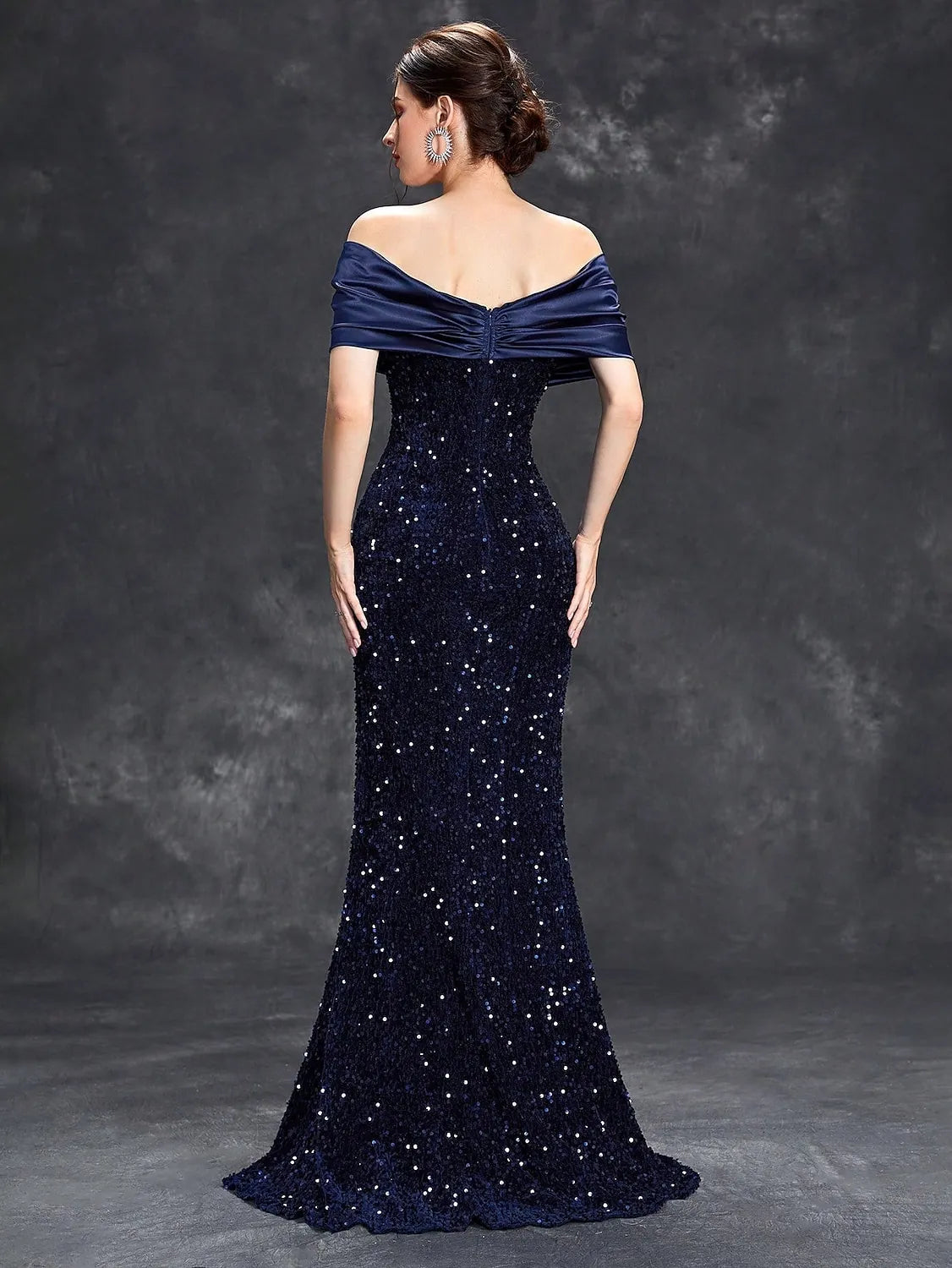 Glamorous Mermaid Off-Shoulder Sequin Draped Navy Blue Floor-Length Prom Dress Gown