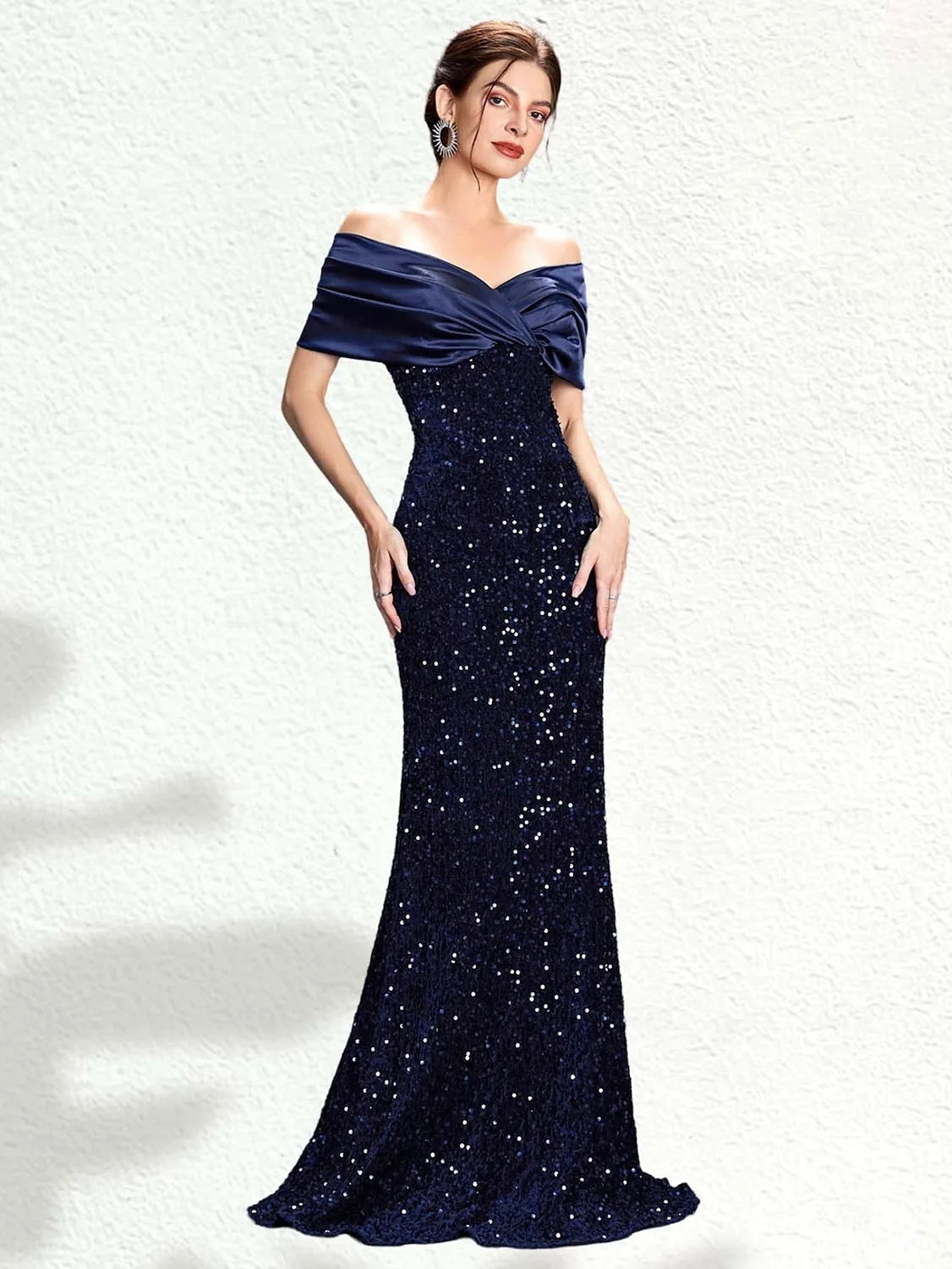 Glamorous Mermaid Off-Shoulder Sequin Draped Navy Blue Floor-Length Prom Dress Gown