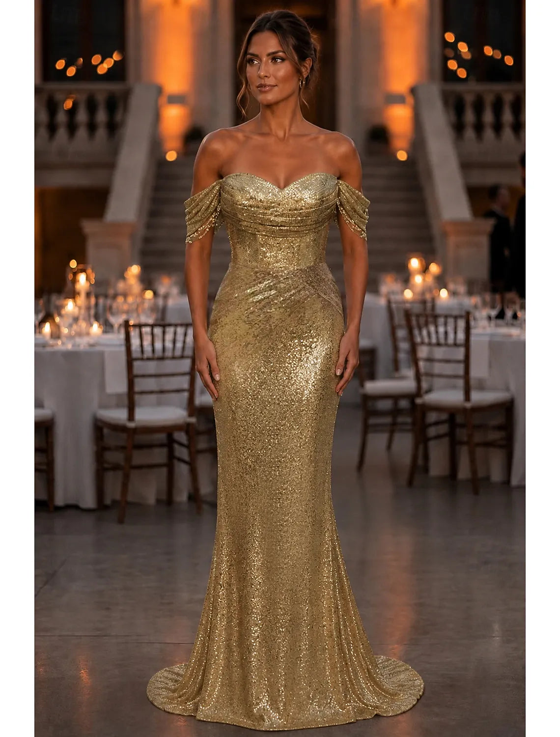 Glamorous Mermaid Off-Shoulder Sequin Gold Floor-Length Evening Gown