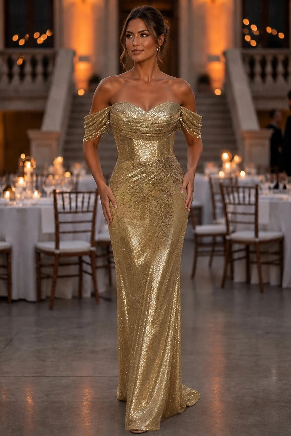 Glamorous Mermaid Off-Shoulder Sequin Gold Floor-Length Evening Gown