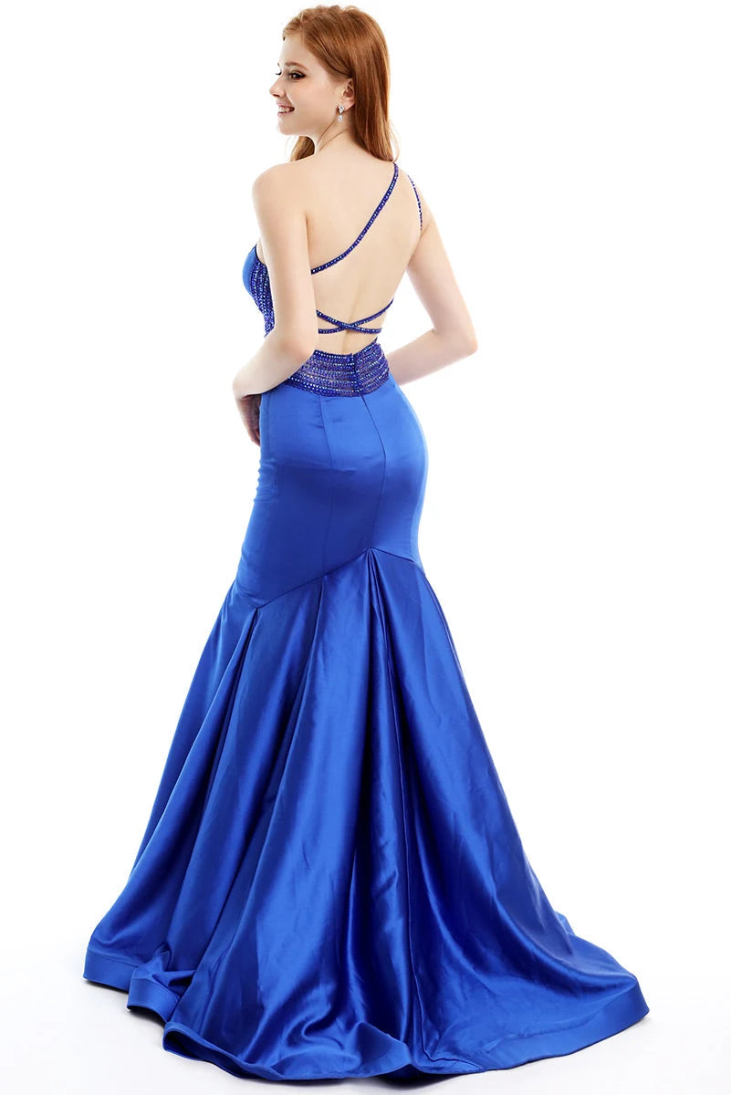 Glamorous Mermaid One-Shoulder Sleeveless Beaded Backless Royal Blue Floor-Length Prom Gown