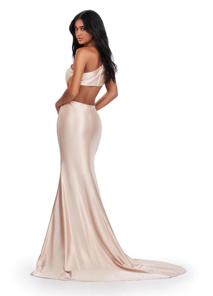 Glamorous Mermaid One-Shoulder Sleeveless Cutout Champagne Floor-Length Prom Dress Women's Gown