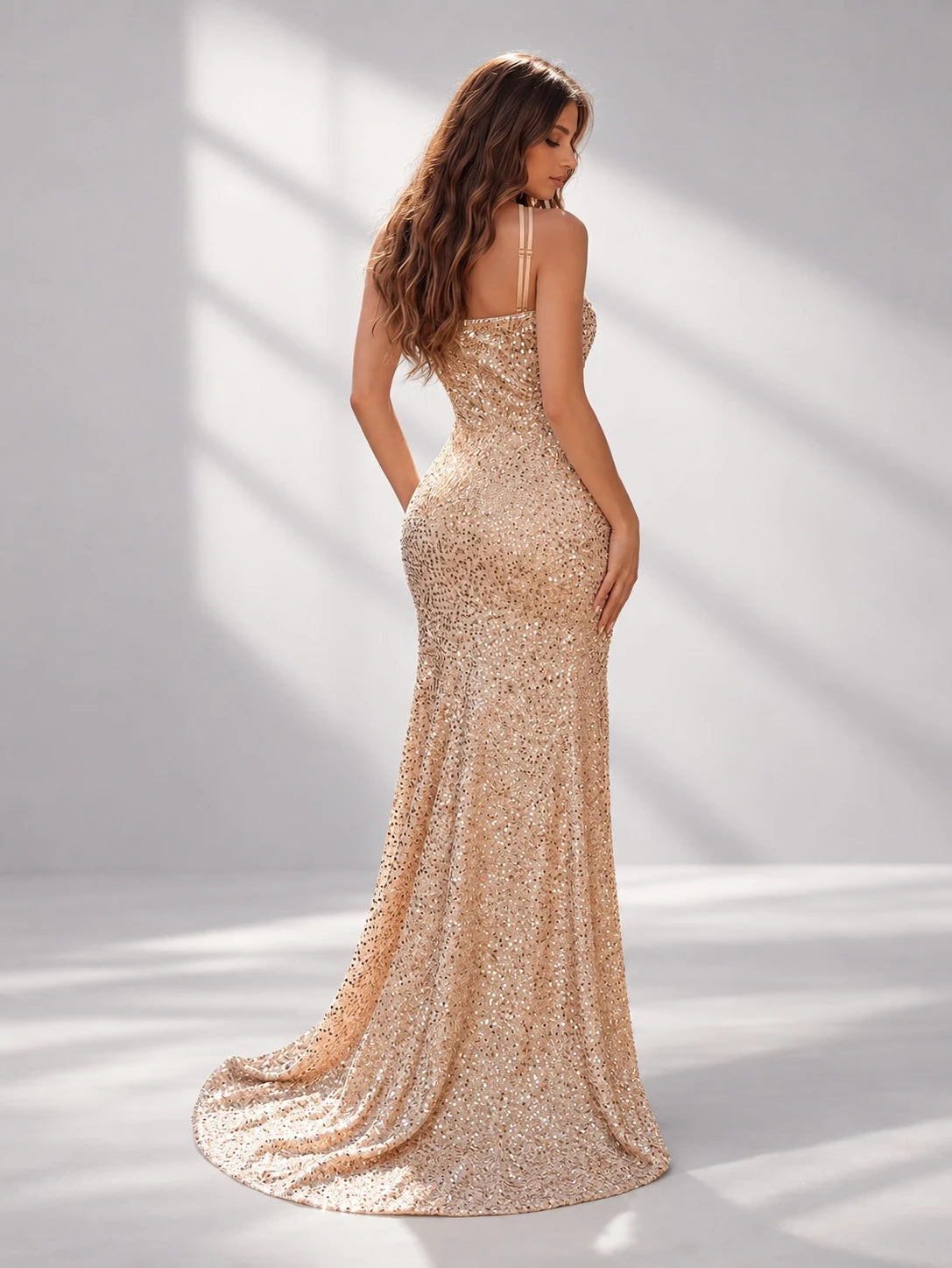 Glamorous Mermaid One-Shoulder Sparkly Champagne Gold Floor-Length Prom Dress