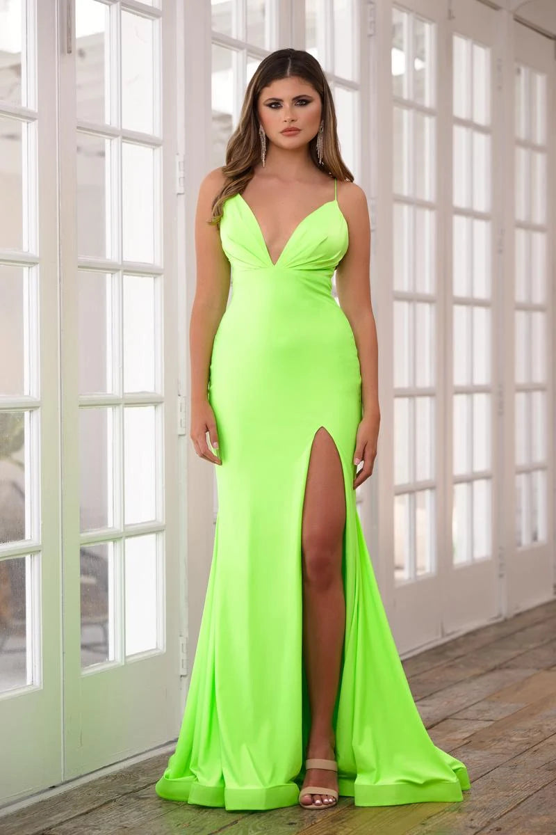 Glamorous Mermaid Plunge V-Neck Sleeveless High Slit Neon Green Floor Prom Dress