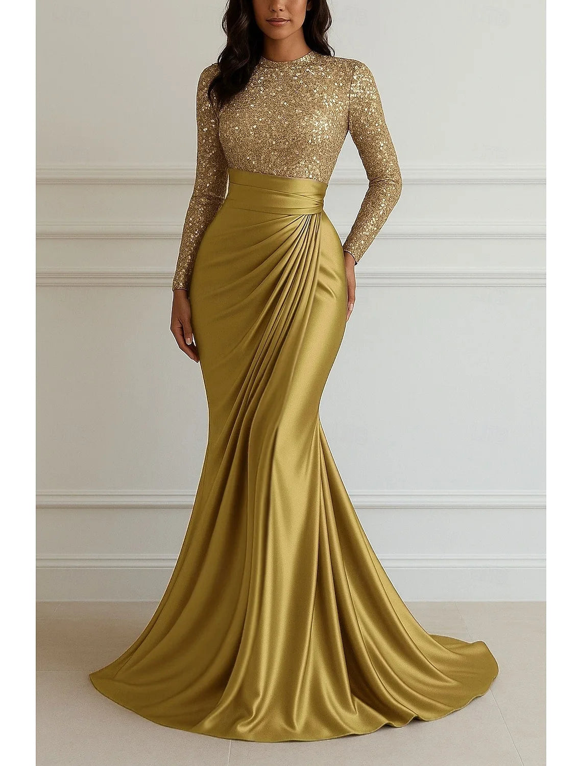 Glamorous Mermaid Round Neck Long Sleeve Sequin Draped Gold Floor-Length Evening Dresses