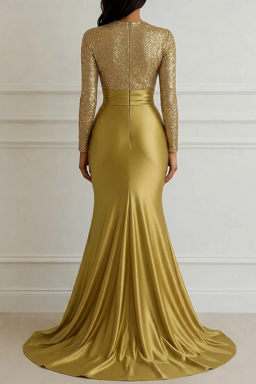 Glamorous Mermaid Round Neck Long Sleeve Sequin Draped Gold Floor-Length Evening Dresses