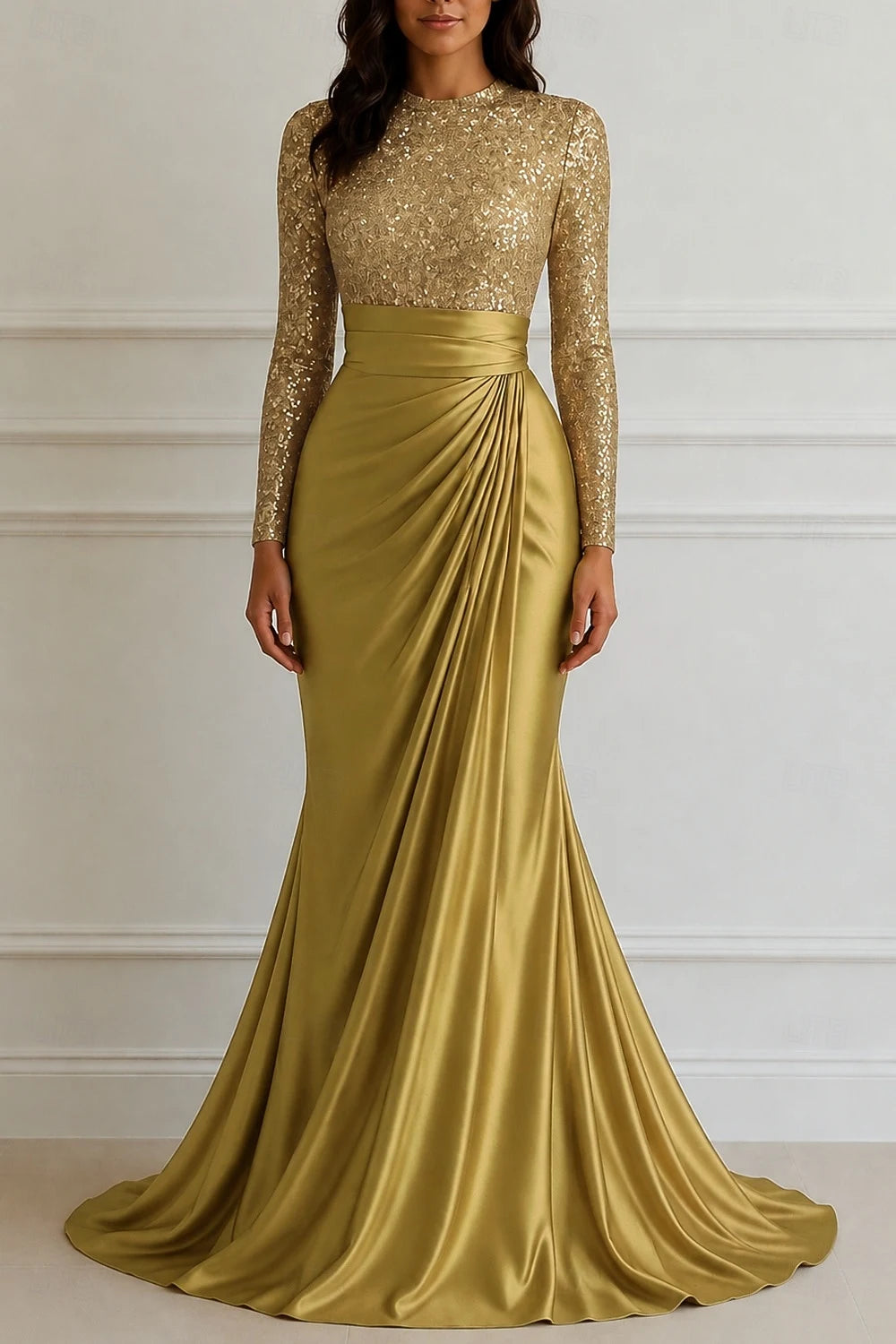 Glamorous Mermaid Round Neck Long Sleeve Sequin Draped Gold Floor-Length Evening Dresses