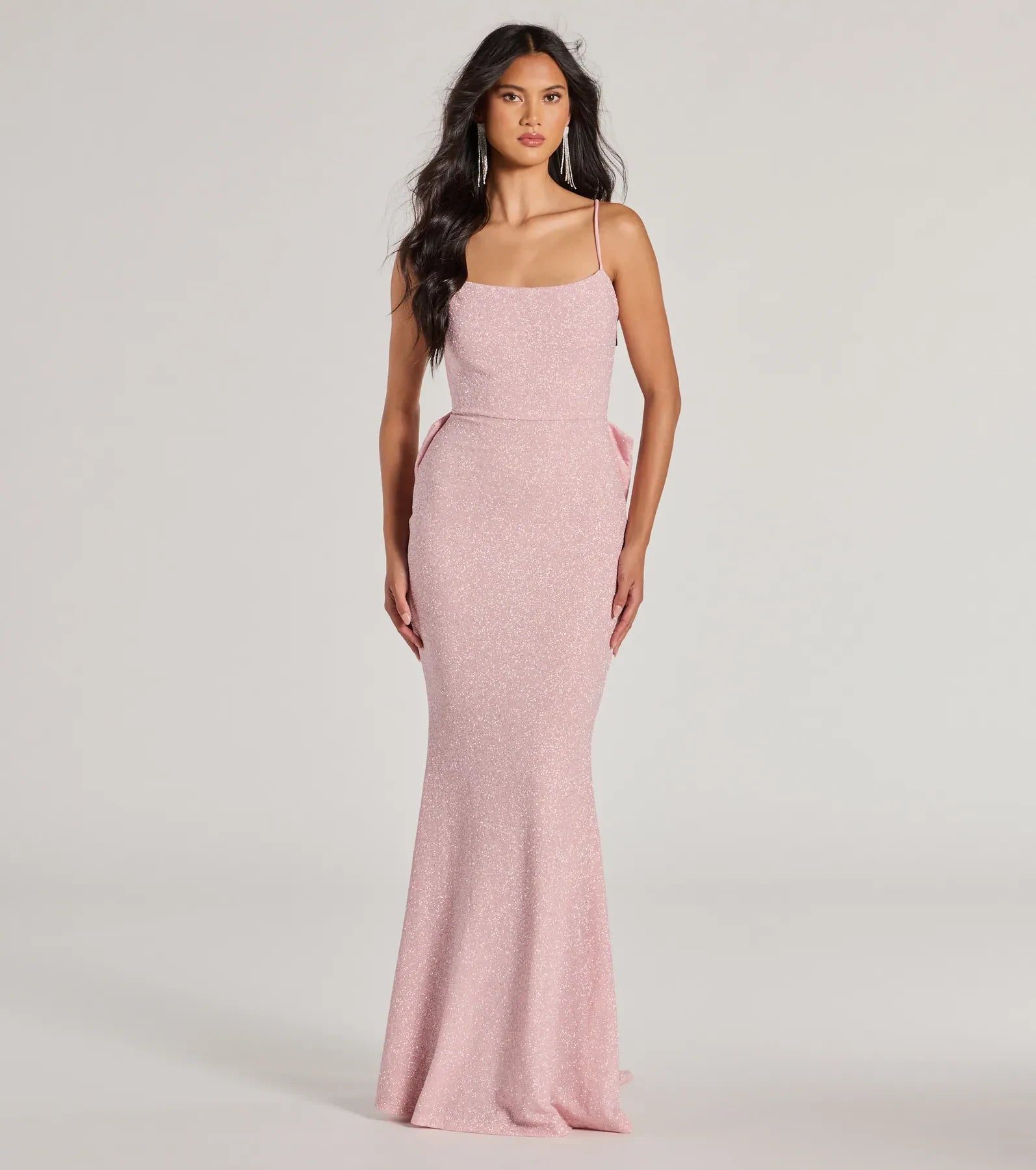 Glamorous Mermaid Square Neck Sleeveless Glittering Bow-Back Pink Floor-Length Prom Gown