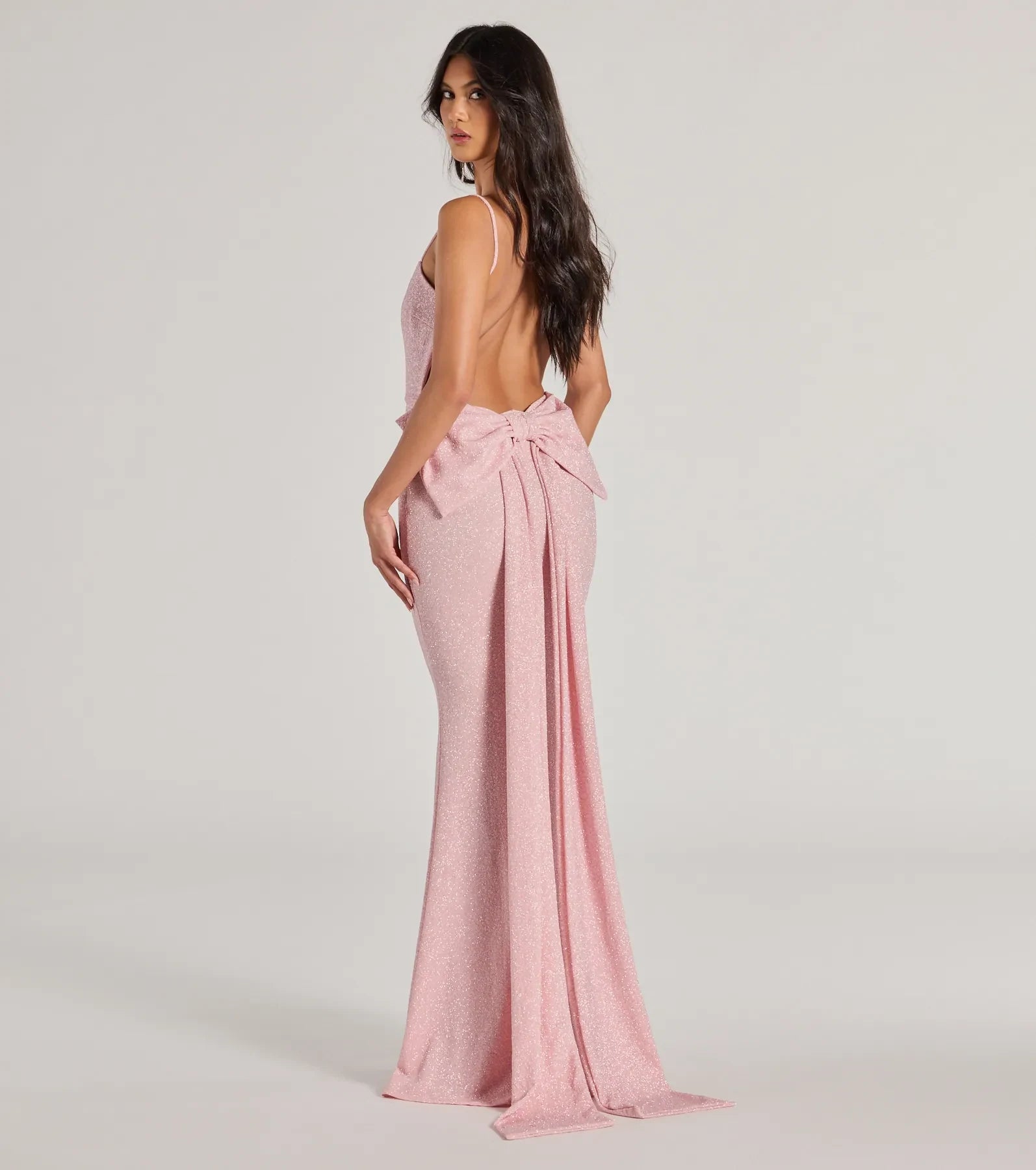 Glamorous Mermaid Square Neck Sleeveless Glittering Bow-Back Pink Floor-Length Prom Gown