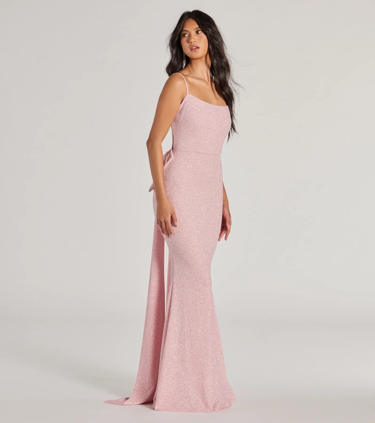 Glamorous Mermaid Square Neck Sleeveless Glittering Bow-Back Pink Floor-Length Prom Gown
