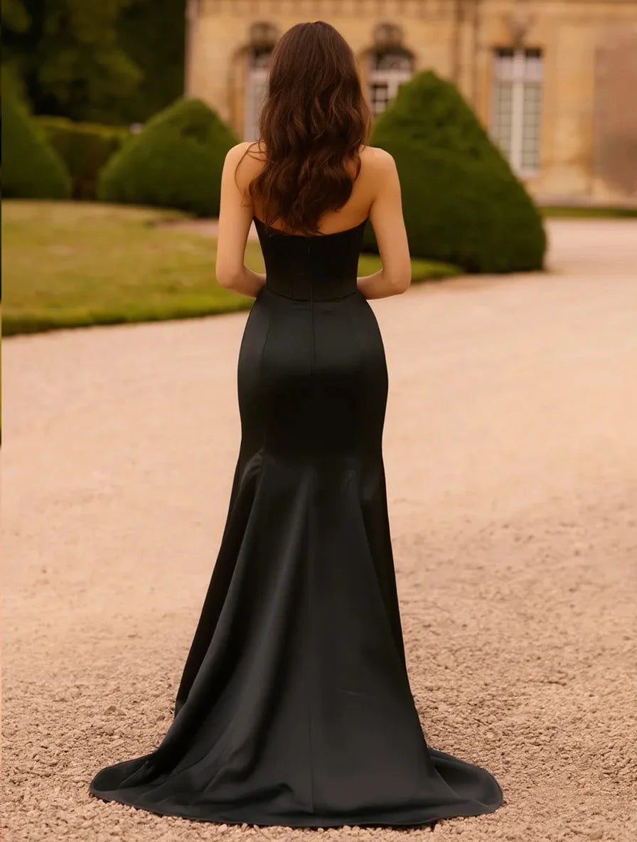 Glamorous Mermaid Strapless Beaded High Slit Black Floor-Length Prom Dresses Gown