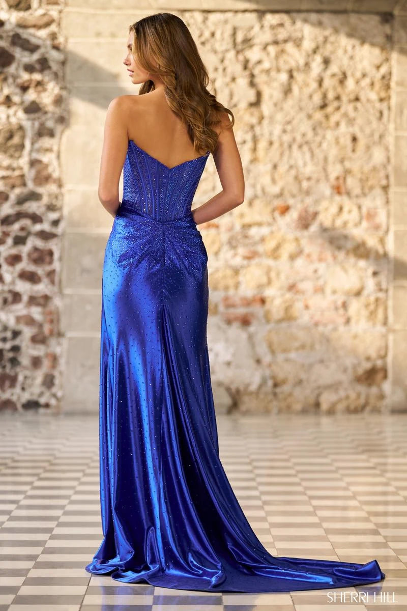 Glamorous Mermaid Strapless Corset High Slit Royal Blue Floor-Length Prom Gown
