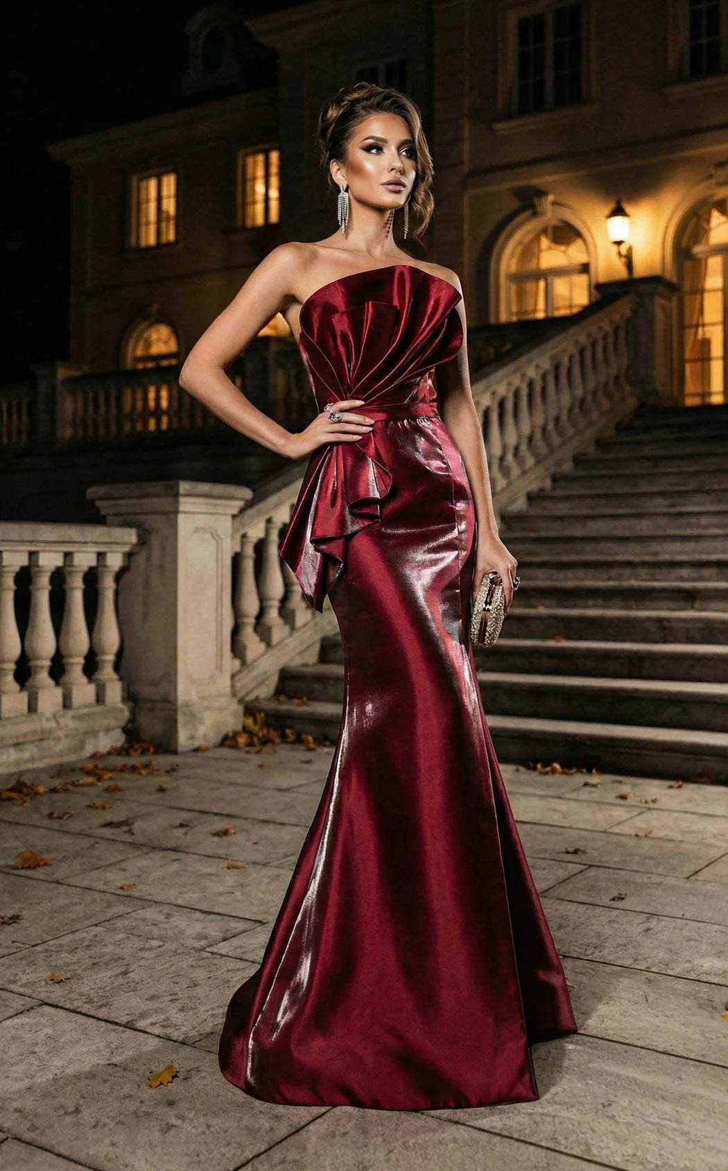 Glamorous Mermaid Strapless Draped Ruffled Wine Red Floor-Length Prom Gown