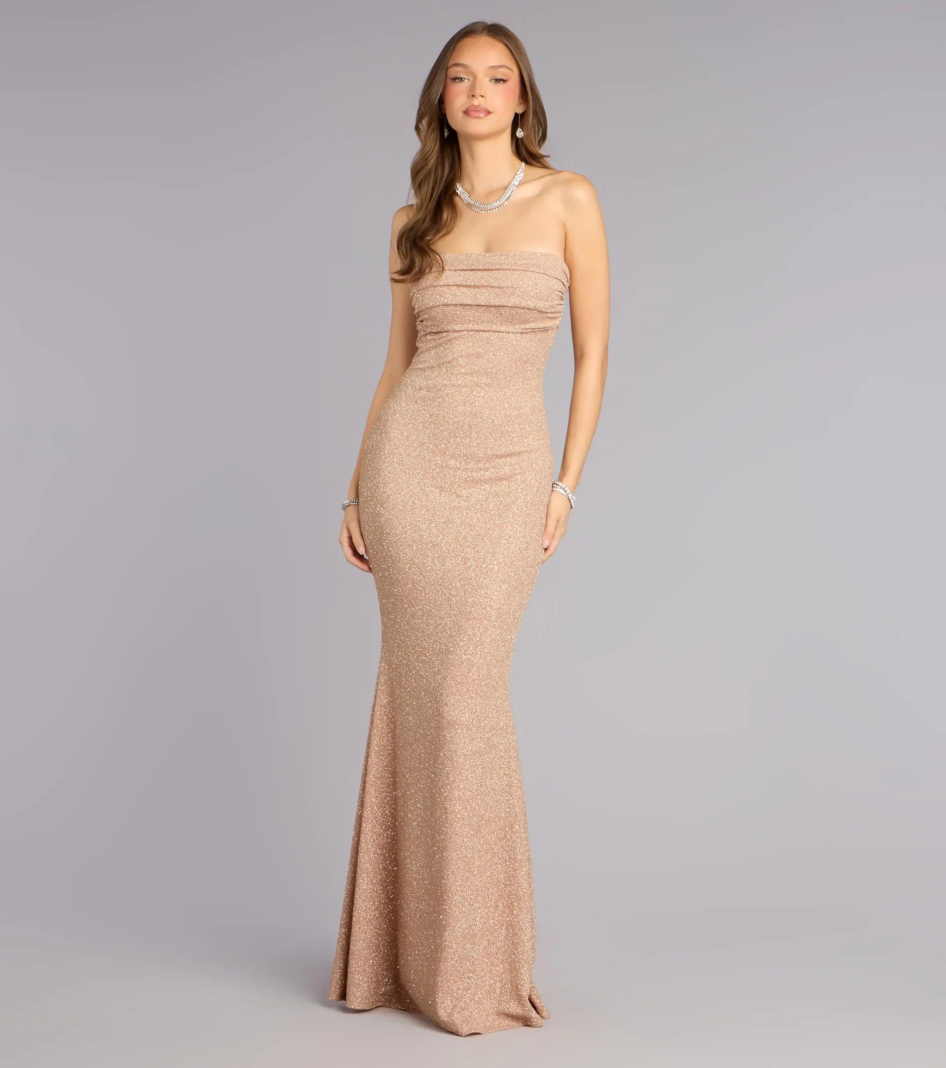 Glamorous Mermaid Strapless Glittering Ruched Rose Gold Floor-Length Prom Gown