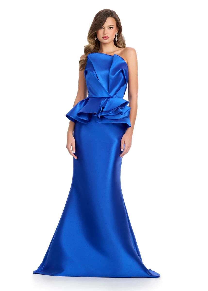 Glamorous Mermaid Strapless Peplum Draped Royal Blue Floor-Length Prom Gown