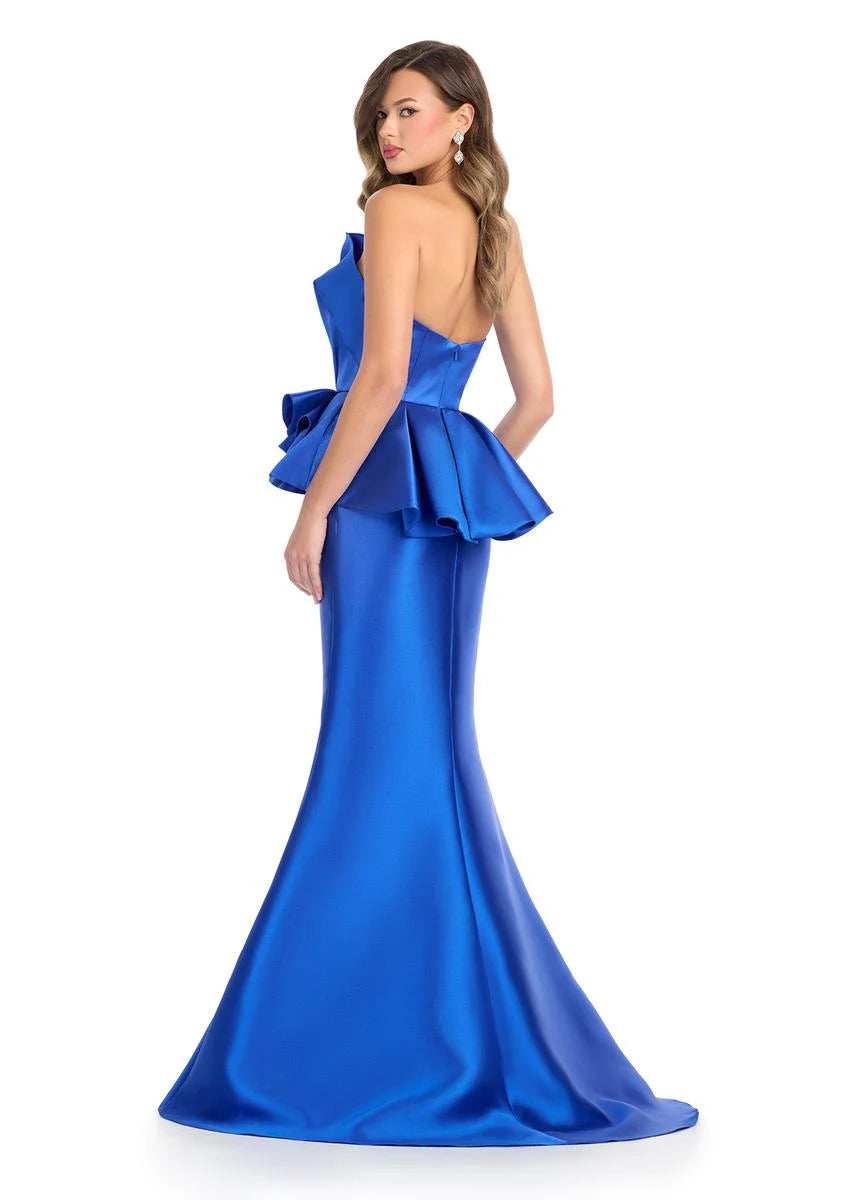 Glamorous Mermaid Strapless Peplum Draped Royal Blue Floor-Length Prom Gown
