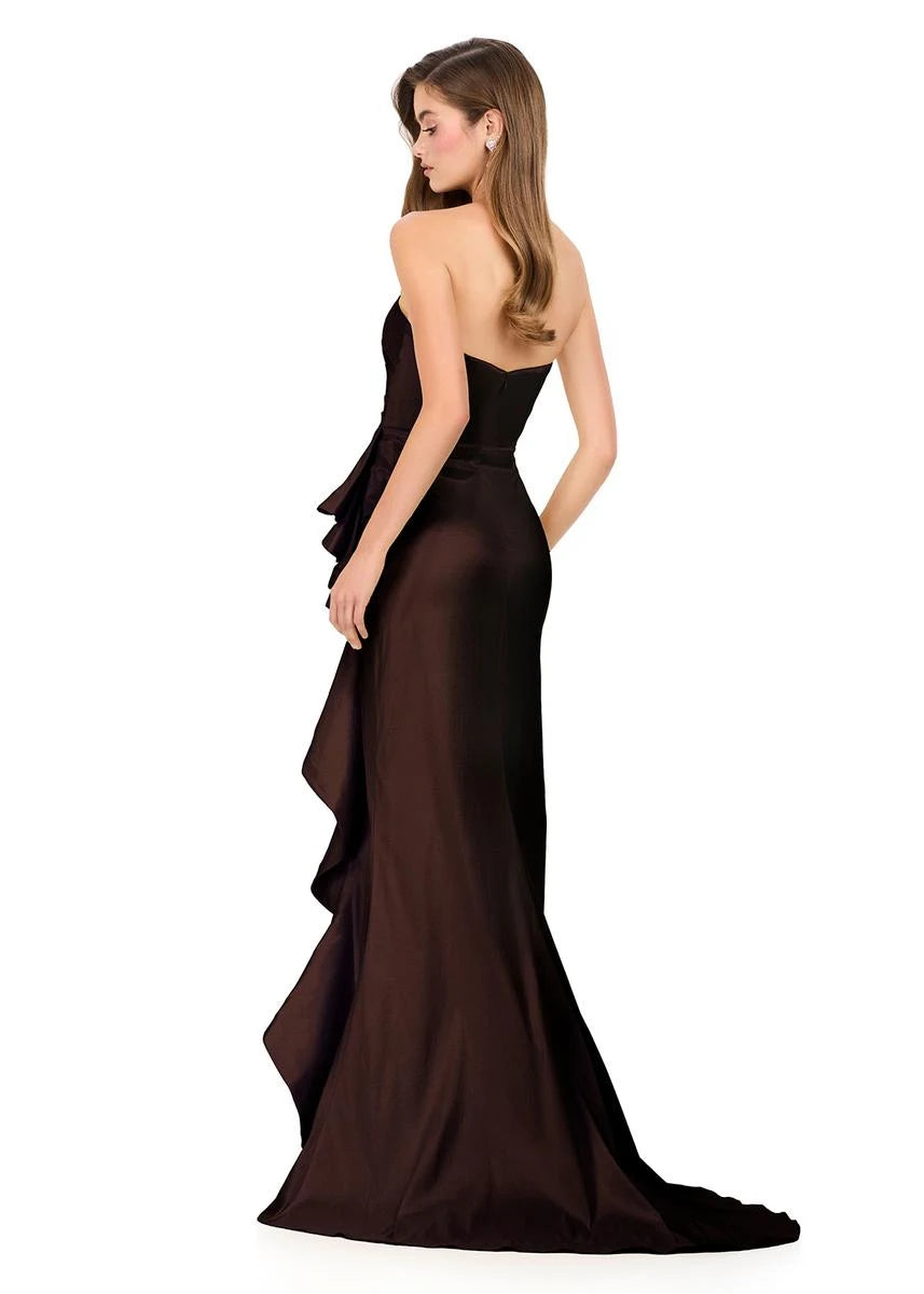 Glamorous Mermaid Strapless Ruched Ruffled Slit Chocolate Floor-Length Prom Gown